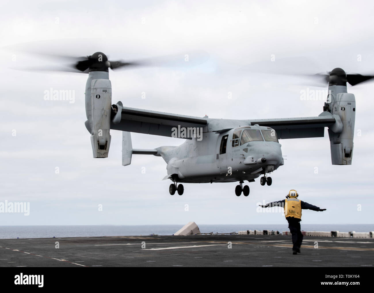 190319-N-IQ884-2106  PACIFIC OCEAN (March 19, 2019) Aviation Boatswain’s Mate (Handling) 3rd Class Michael Burns, from Jackson, Miss., assigned to amphibious assault ship USS Boxer (LHD 4) signals an MV-22B Osprey attached to Marine Medium Tiltrotor Squadron (VMM) 163 as it lands on the flight deck. Boxer is underway conducting routine operations as a part of USS Boxer Amphibious Ready Group (ARG) in the eastern Pacific Ocean. (U.S. Navy photo by Mass Communication Specialist 2nd Class Dale M. Hopkins) Stock Photo