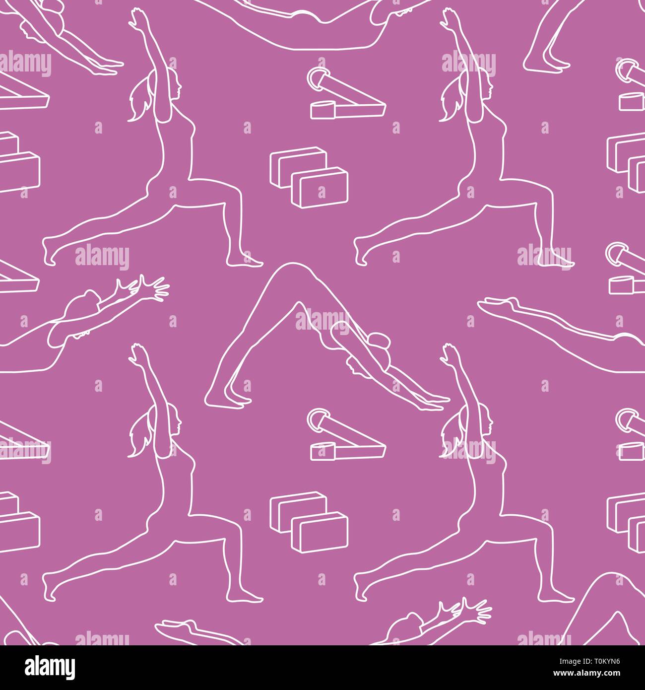 Seamless pattern with women in yoga poses, blocks, belt for yoga. Relax ...