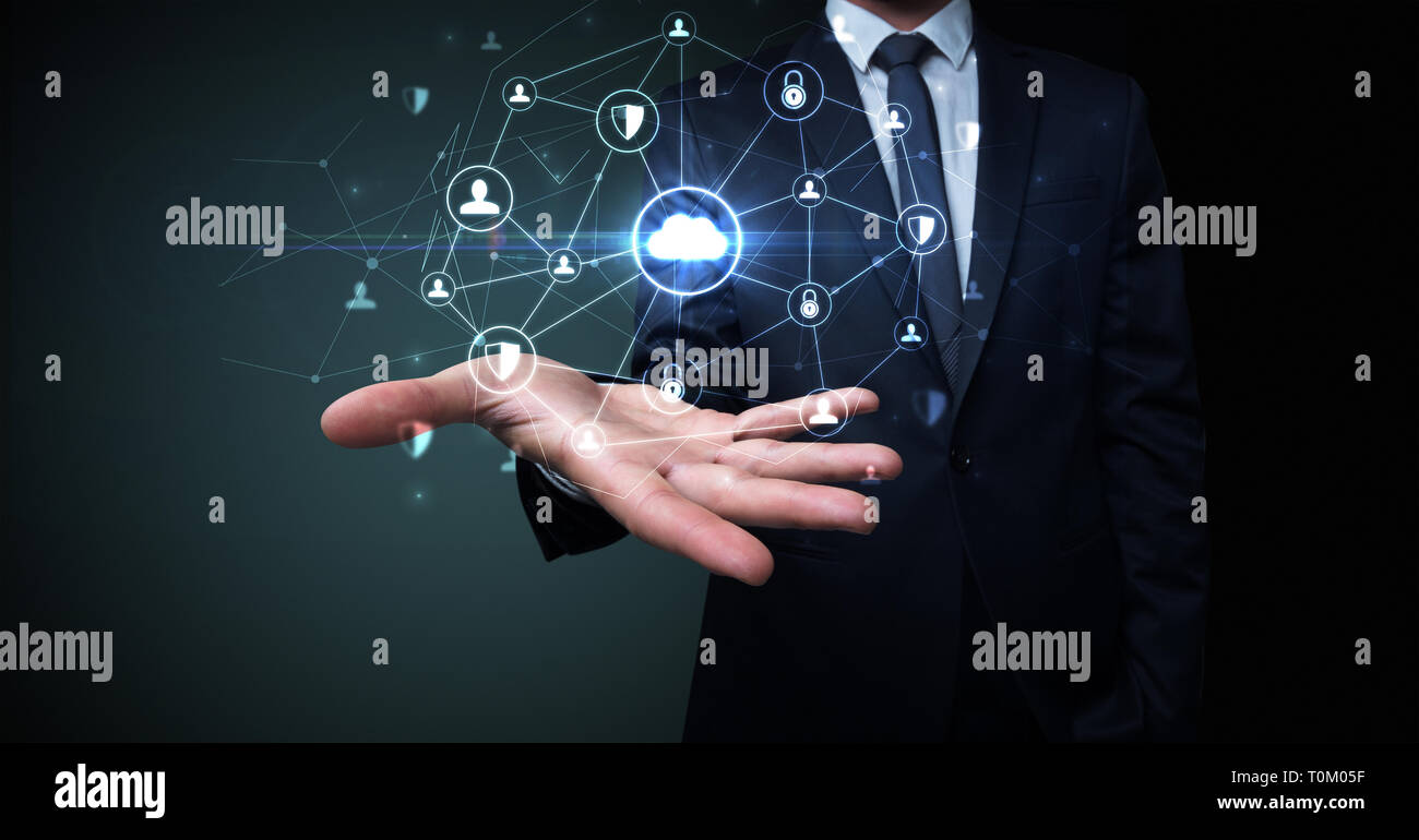 Businessman holding networking connection concept with dark wallpaper Stock  Photo - Alamy
