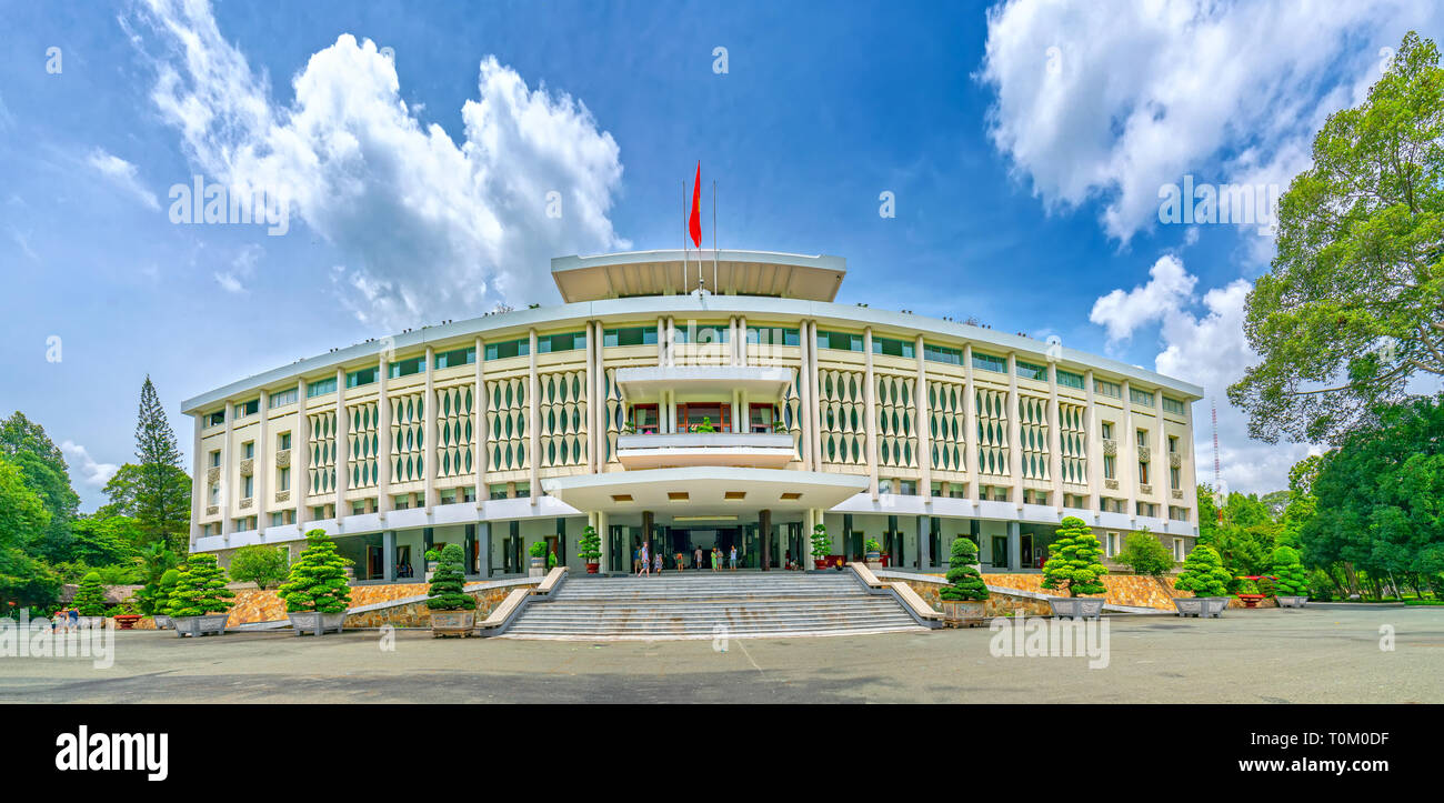 Front View Reunification Palace, which work of president and government to recognize national historic sites in Ho Chi Minh City, Vietnam Stock Photo