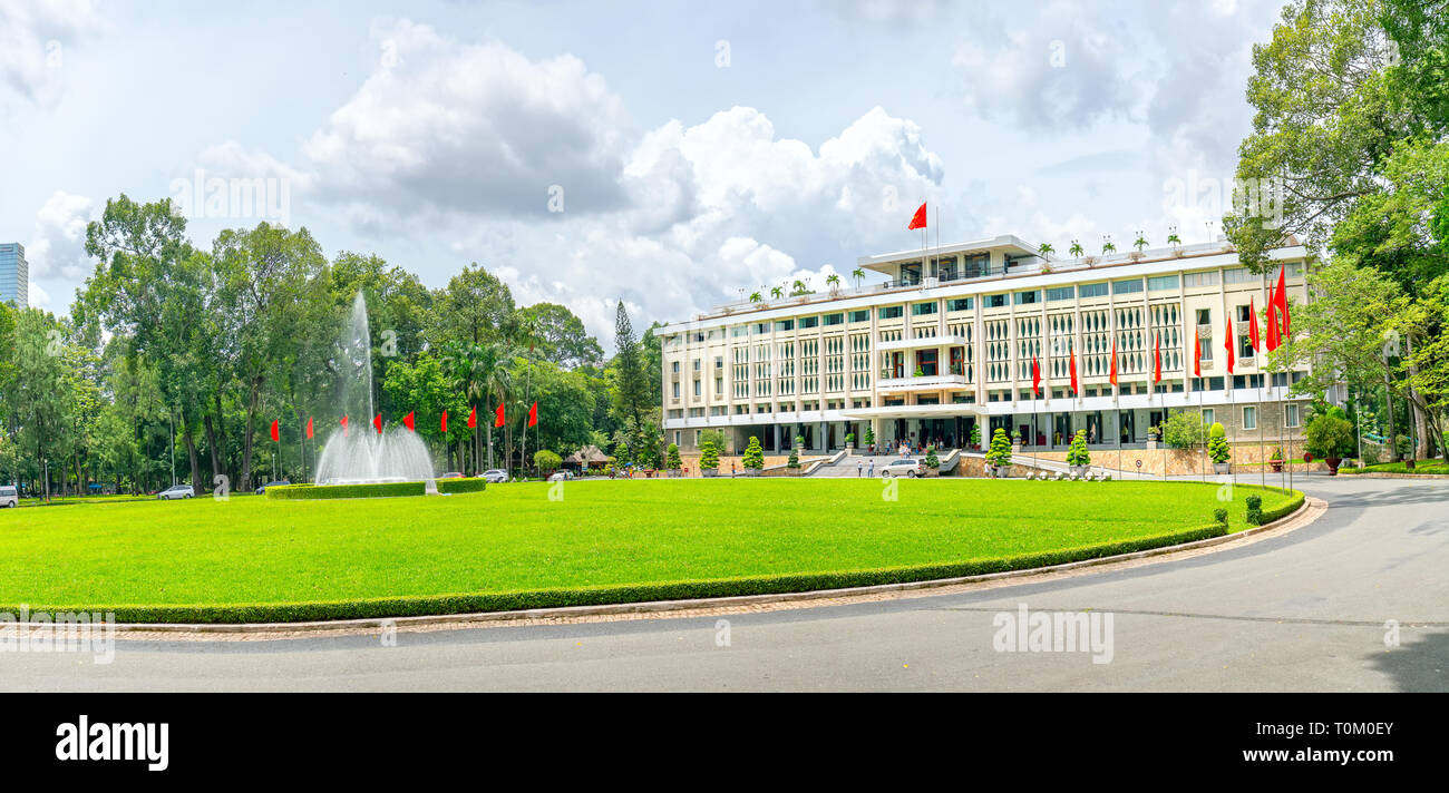 Front View Reunification Palace, which work of president and government to recognize national historic sites in Ho Chi Minh City, Vietnam Stock Photo