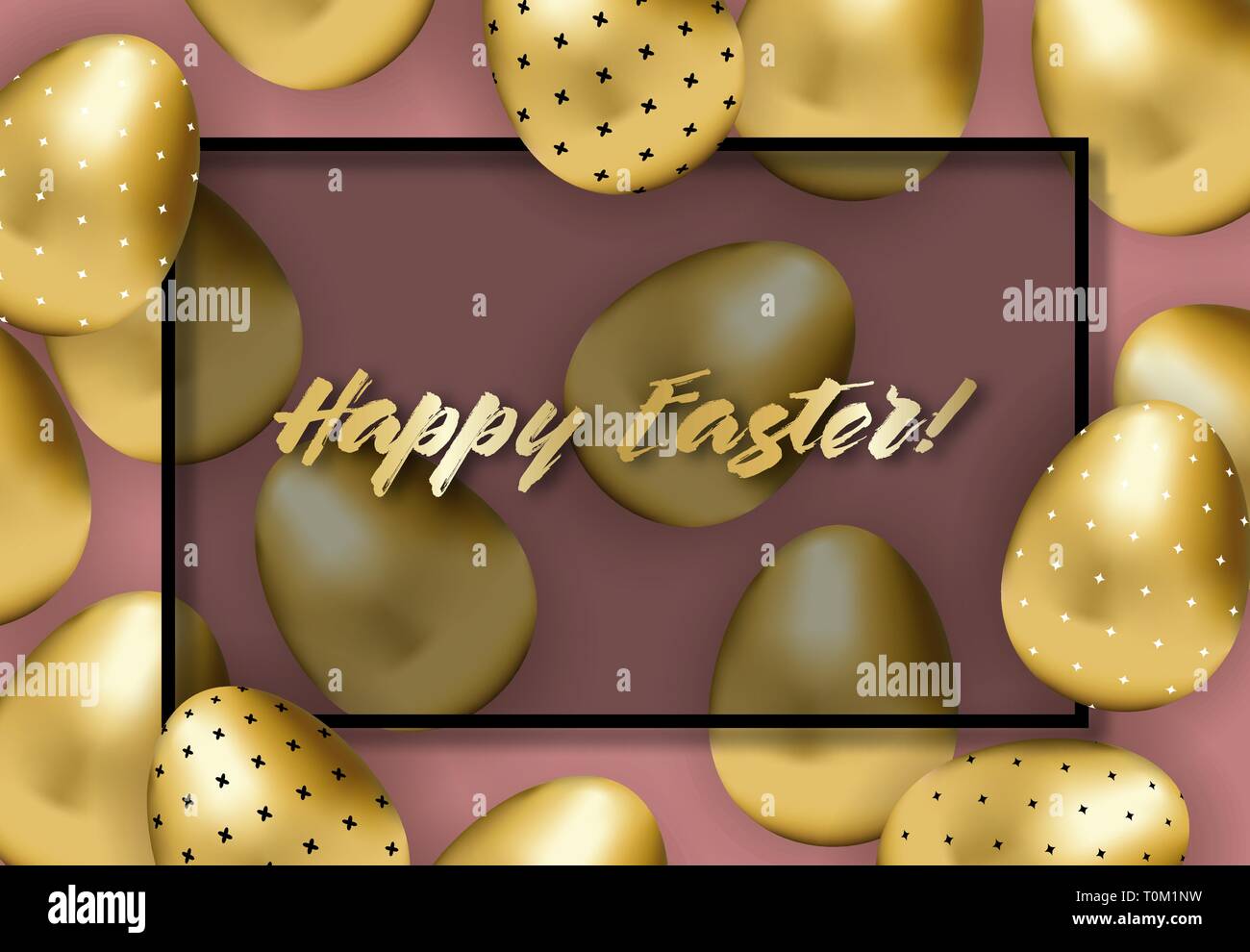 happy easter banner with golden patterned eggs Stock Vector