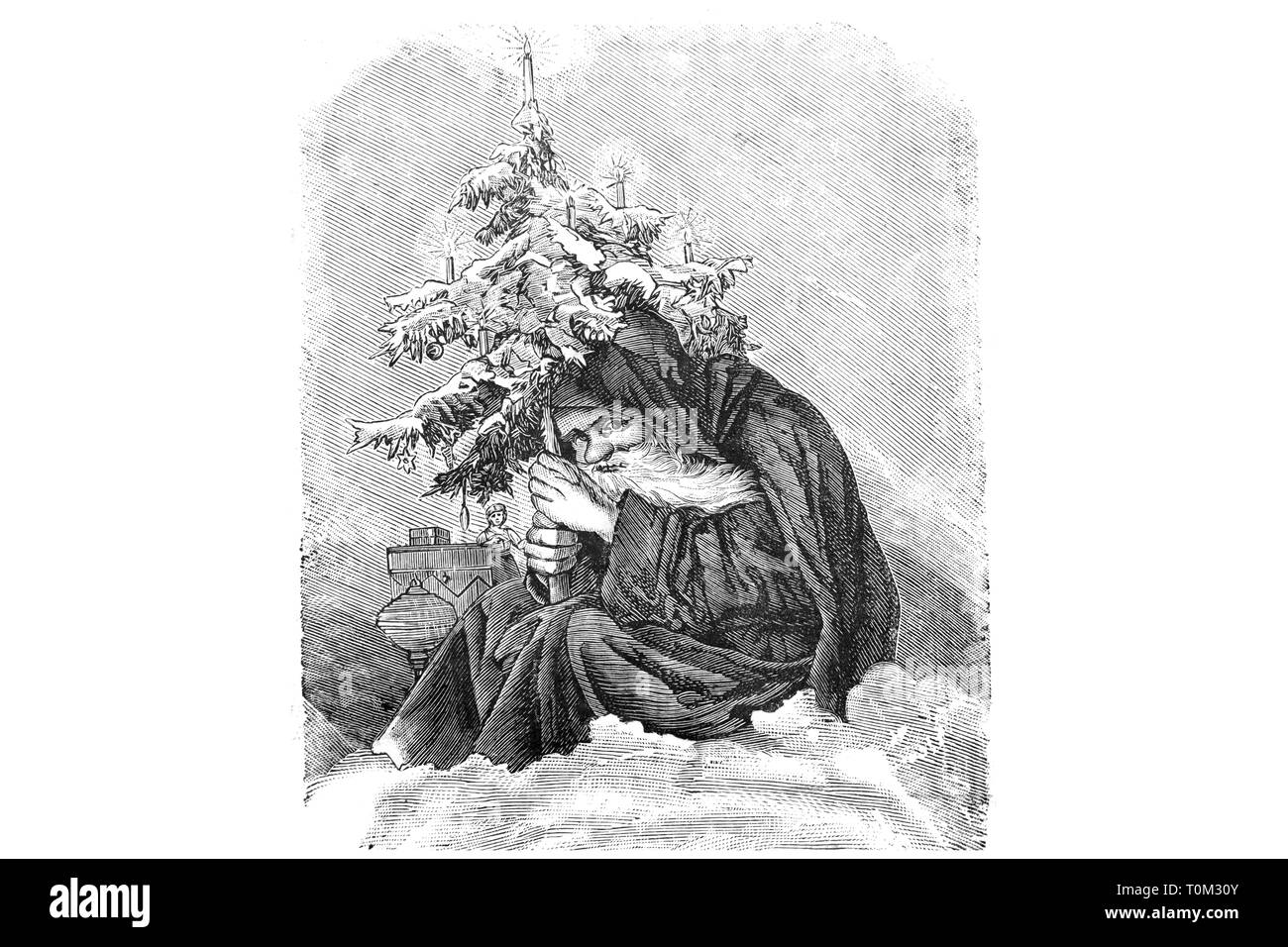 Santa Claus With The Christmas Tree Vintage Engraved