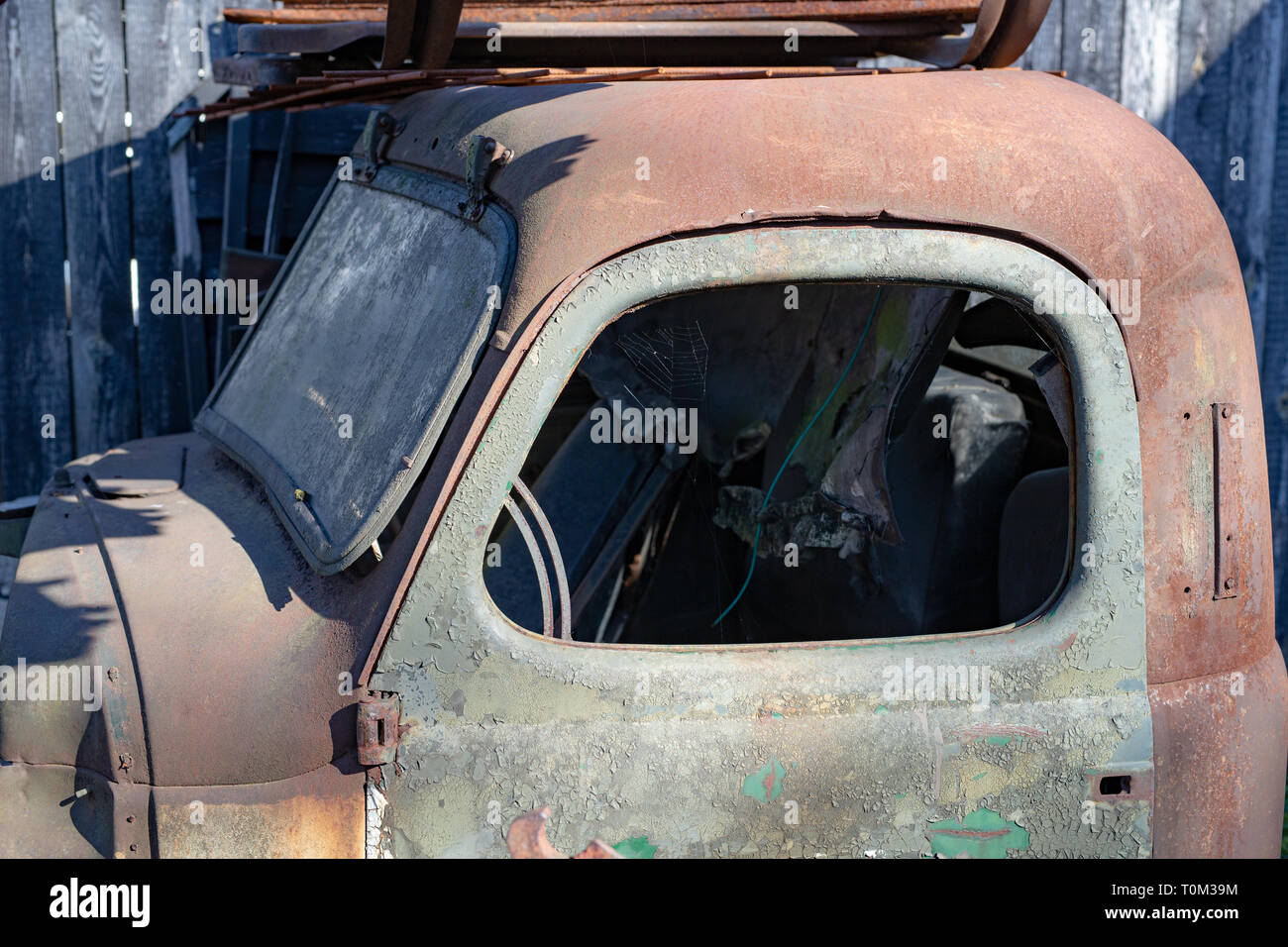 Old truck cabin. A cab in an old, abandoned place. Season of the spring ...