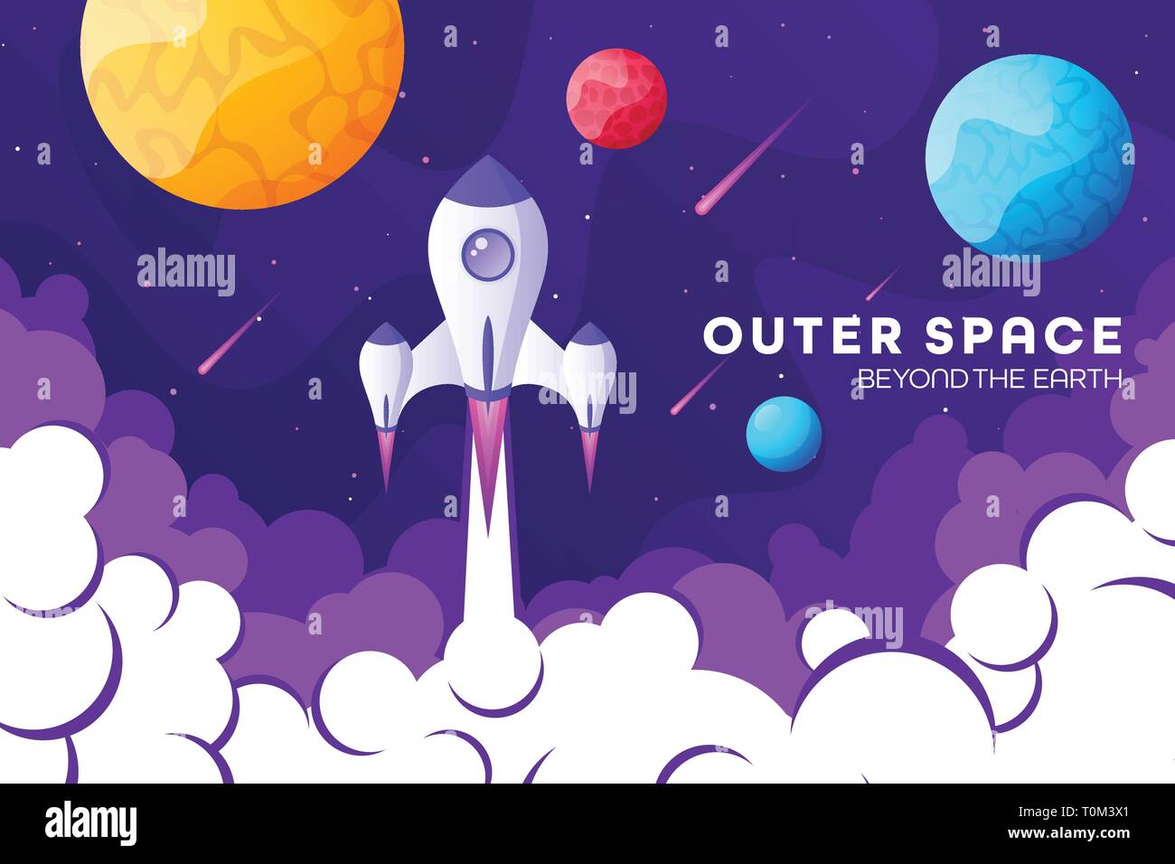 Space futuristic modern, colorful background with rocket, planets and stars. Starship, spaceship in night sky. Solar system, galaxy and universe Stock Vector