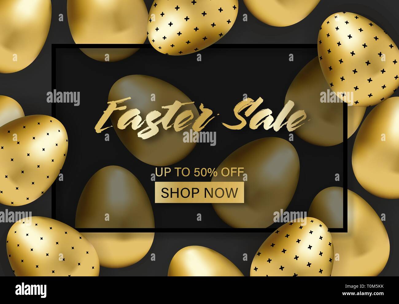 easter sale banner with golden patterned eggs Stock Vector
