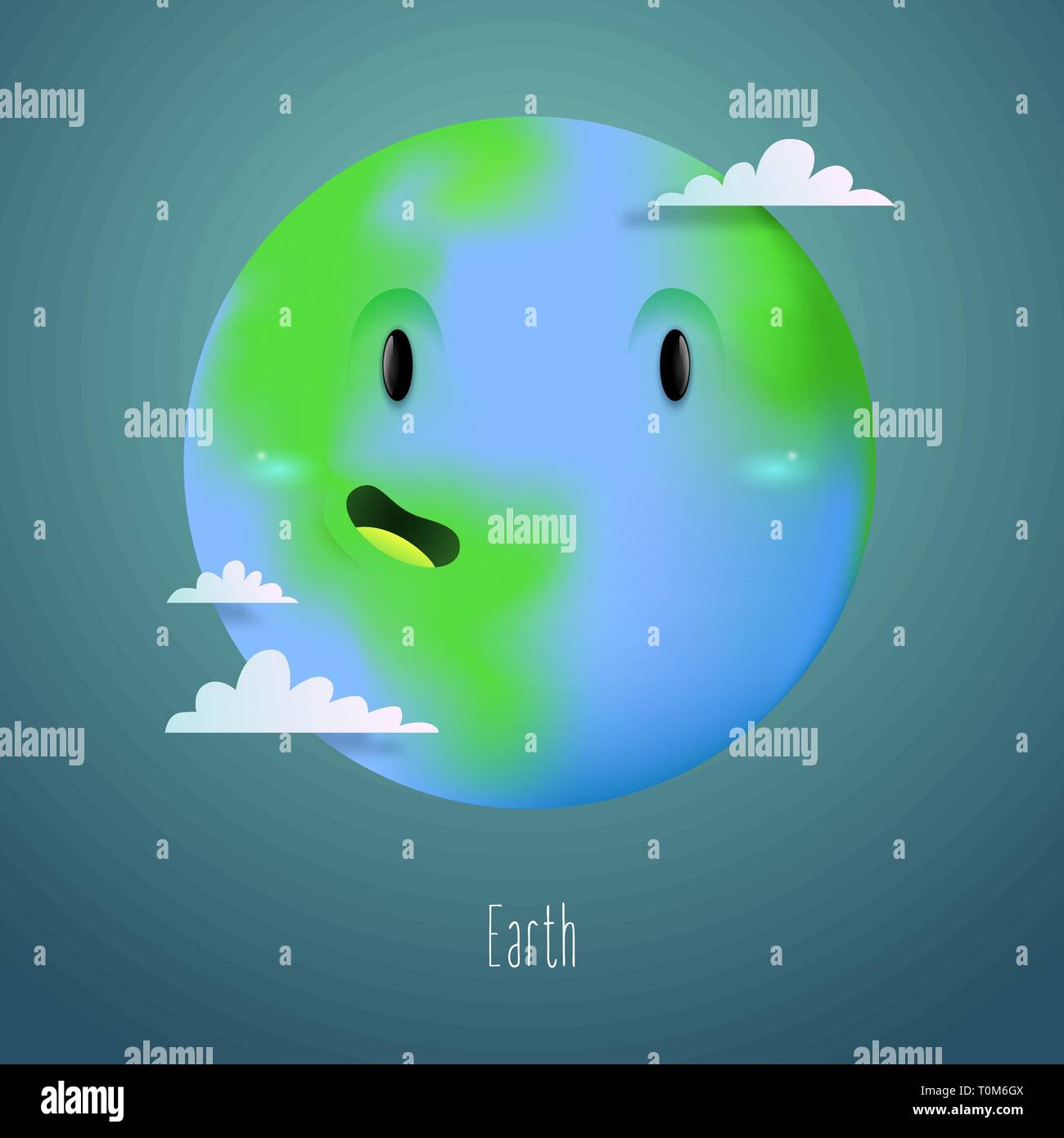 Cute Earth Planet Character With Face In Space With Clouds