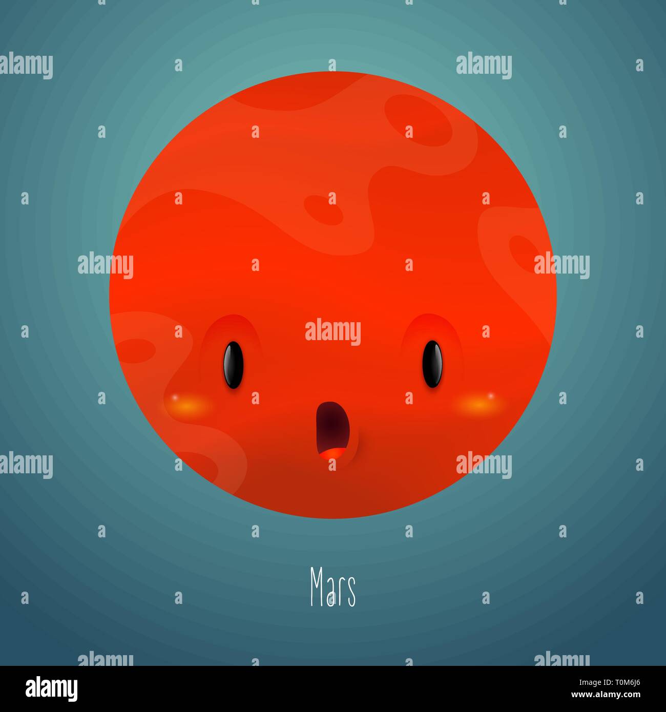 Planet Mars in the background of space. Cute funny character. Vector illustration of Solar System object in cartoon style. Stock Vector