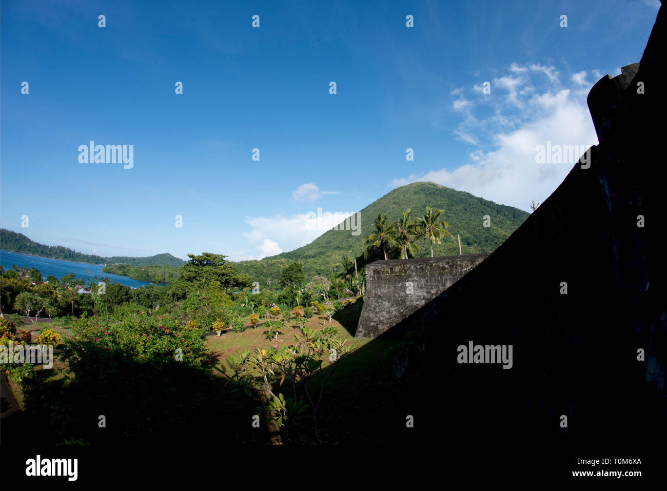 View of Banda Api, with walls of Fort Belgica, Banda Neira, Moluccas ...
