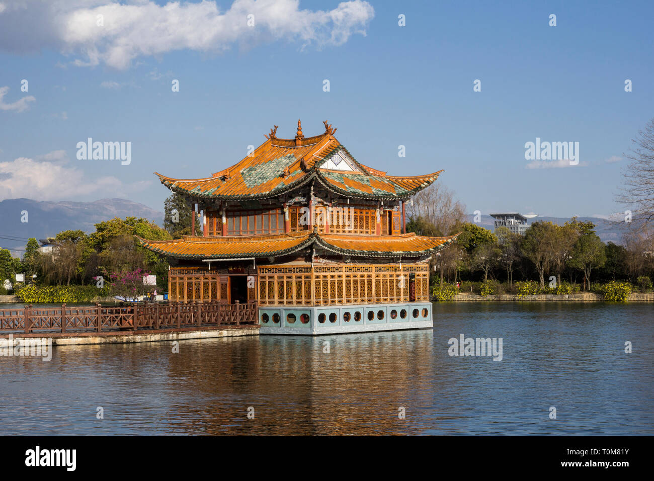 Traditional Chinese pavilion on a lake Stock Photo