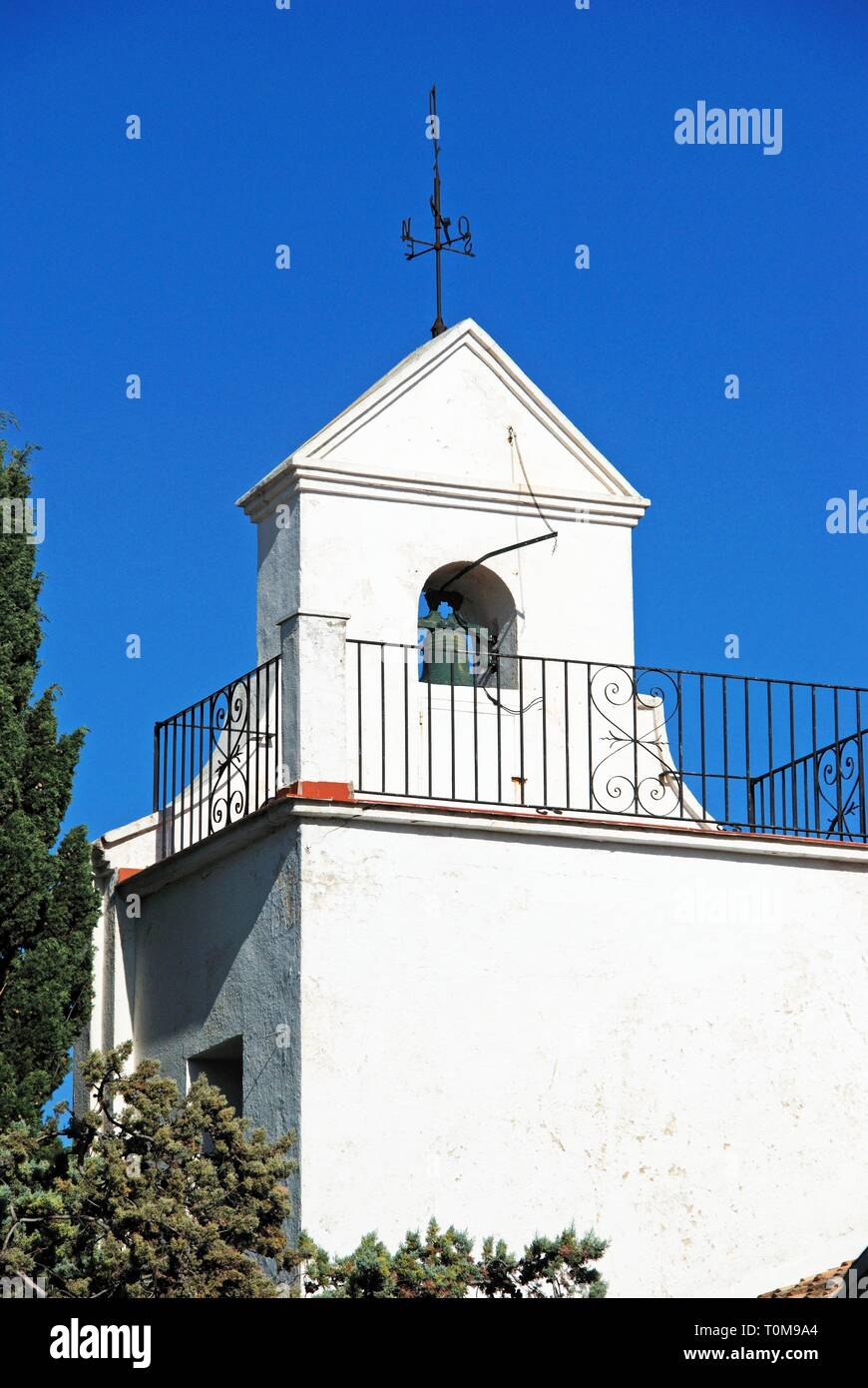 View of Santo Domingo de Guzman church bell tower, Benalmadena Pueblo, Costa del Sol, Andalusia, Spain, Europe. Stock Photo