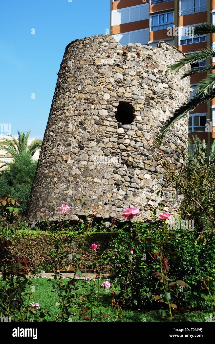 Old watchtower ruin as the Torre Ladeada, Lagos, Malaga Province, Andalusia, Spain, Western Europe. Stock Photo