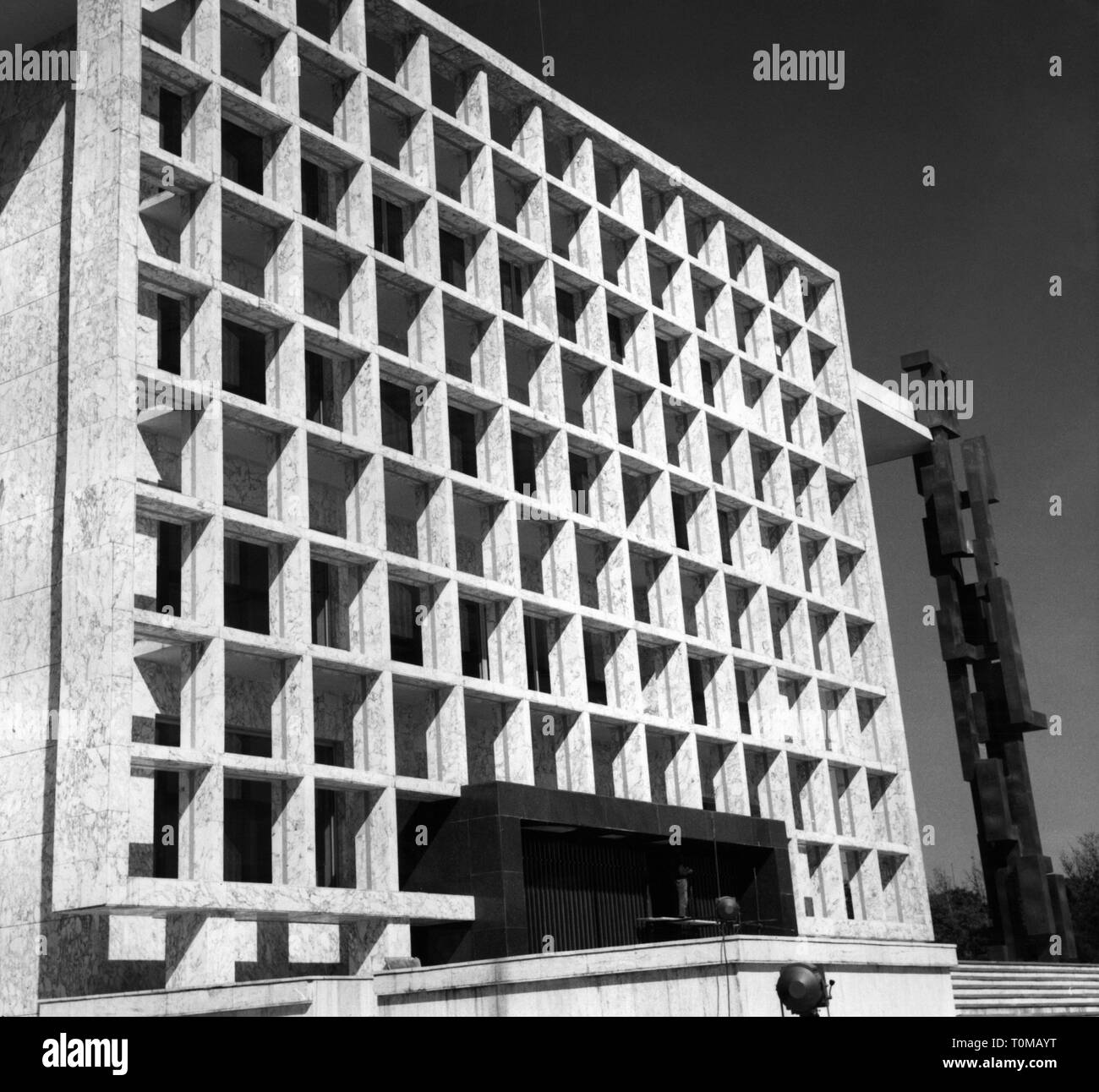 geography / travel, Iran, Tehran, building, Senate House, design by Heydar Ghiai, 1955, exterior view, 1962, , house, houses, modern architecture, Italian marble, politics, policy, parliament, parliaments, Asia, Middle East, Middle-East, 1960s, 60s, 20th century, building, buildings, design, designs, historic, historical, Additional-Rights-Clearance-Info-Not-Available Stock Photo