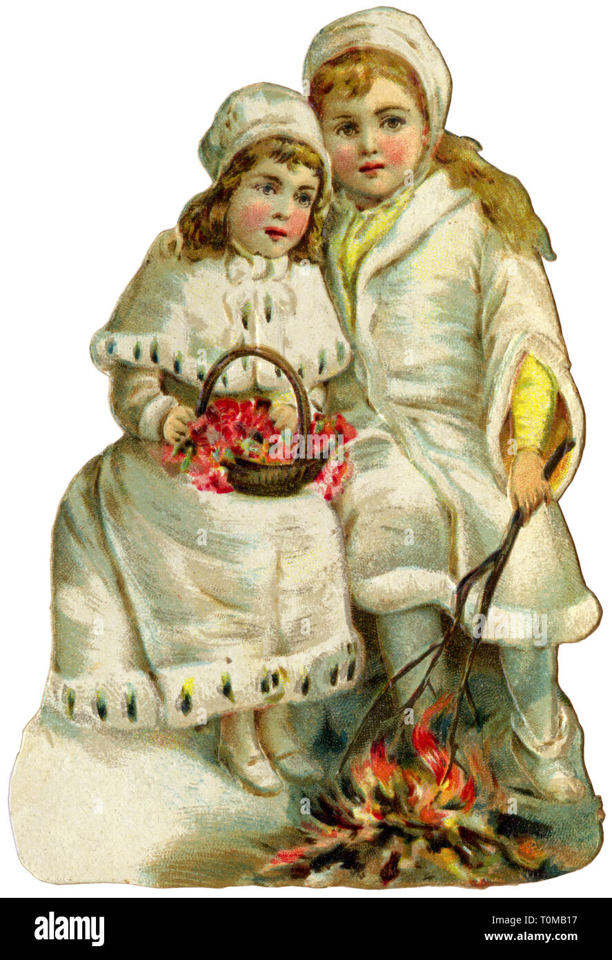 kitsch, girls warming themselves at open fire, lithograph, Germany, circa 1895, Additional-Rights-Clearance-Info-Not-Available Stock Photo