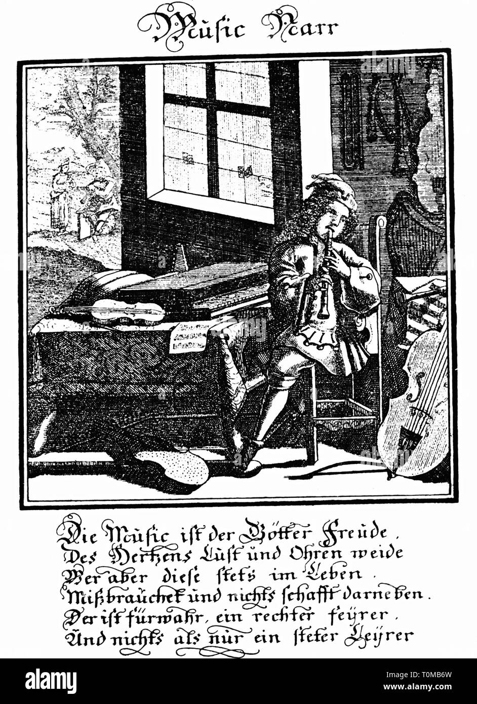 music, musician, music fiend, copper engraving, 'Narrenbuch' by Abraham a Sancta Clara, Nuremberg, 1709, Additional-Rights-Clearance-Info-Not-Available Stock Photo