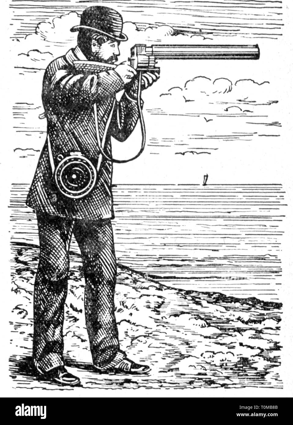photography, cameras, pictures taken with the chronophotographic shot gun, developed by Etienne-Jules Marey (1830 - 1904), wood engraving, late 19th century, 19th century, graphic, graphics, photo camera, photographic shot gun, photographic rifle, motion, motions, series of pictures, sequence of pictures, series, movie, beginnings of cinematography, cameras, camera, historic, historical, Additional-Rights-Clearance-Info-Not-Available Stock Photo