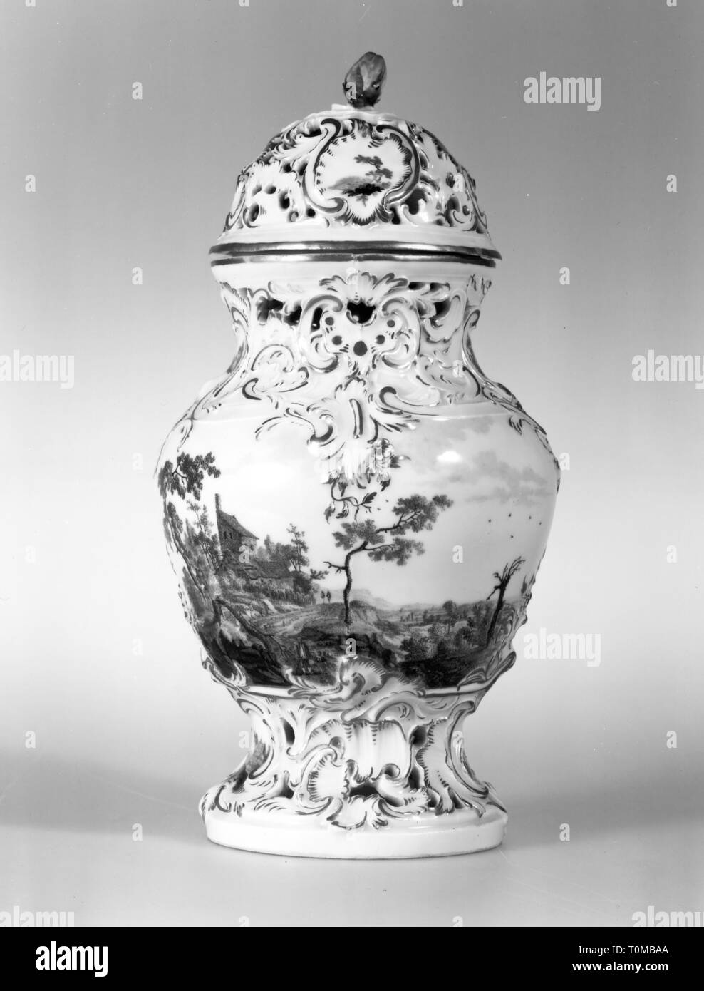 fine arts, porcelain, potpourri vase with landscape of hills, design by Johann Andreas Nagel, porcelain manufacture Fürstenberg, circa 1760, Additional-Rights-Clearance-Info-Not-Available Stock Photo