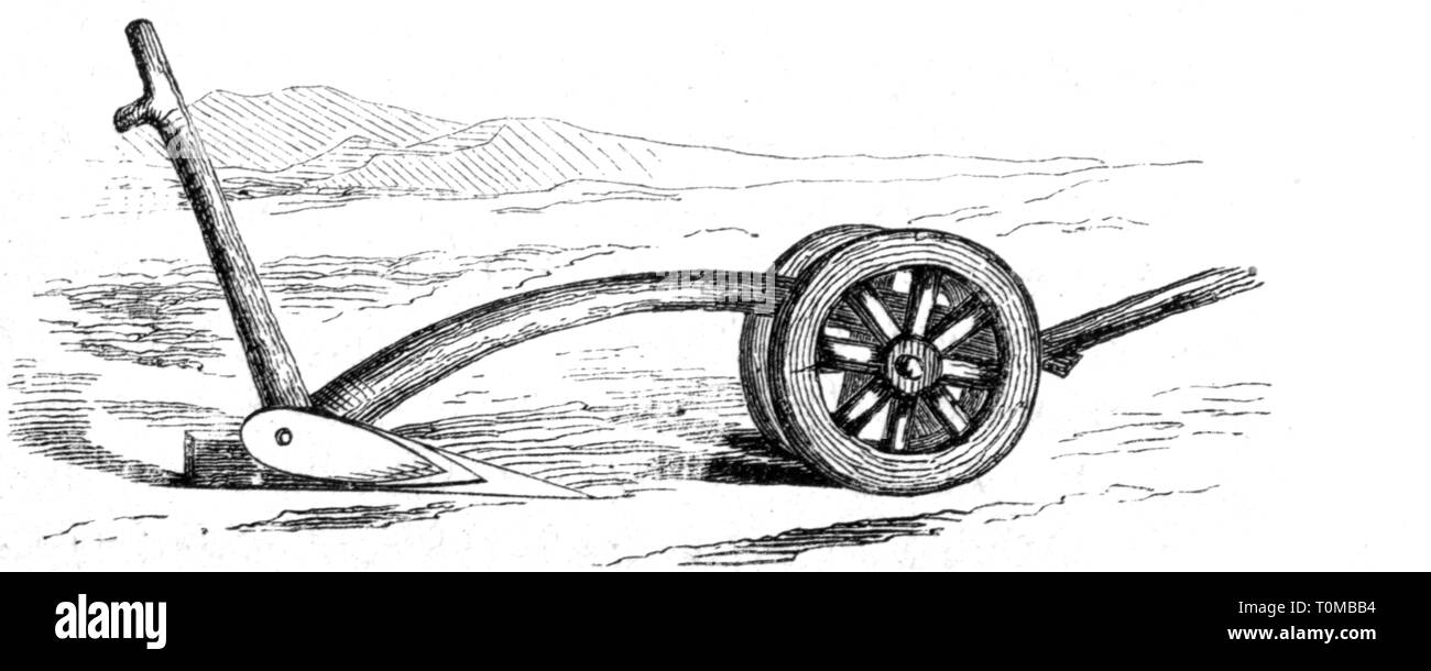 agriculture, devices, plough, Roman wheel plough, 1st century AD, wood  engraving, 19th century, Roman Empire, ancient world, ancient times,  wheels, tool, tools, no-people, agriculture, farming, devices, device,  plough, plow, ploughs, plows, historic,