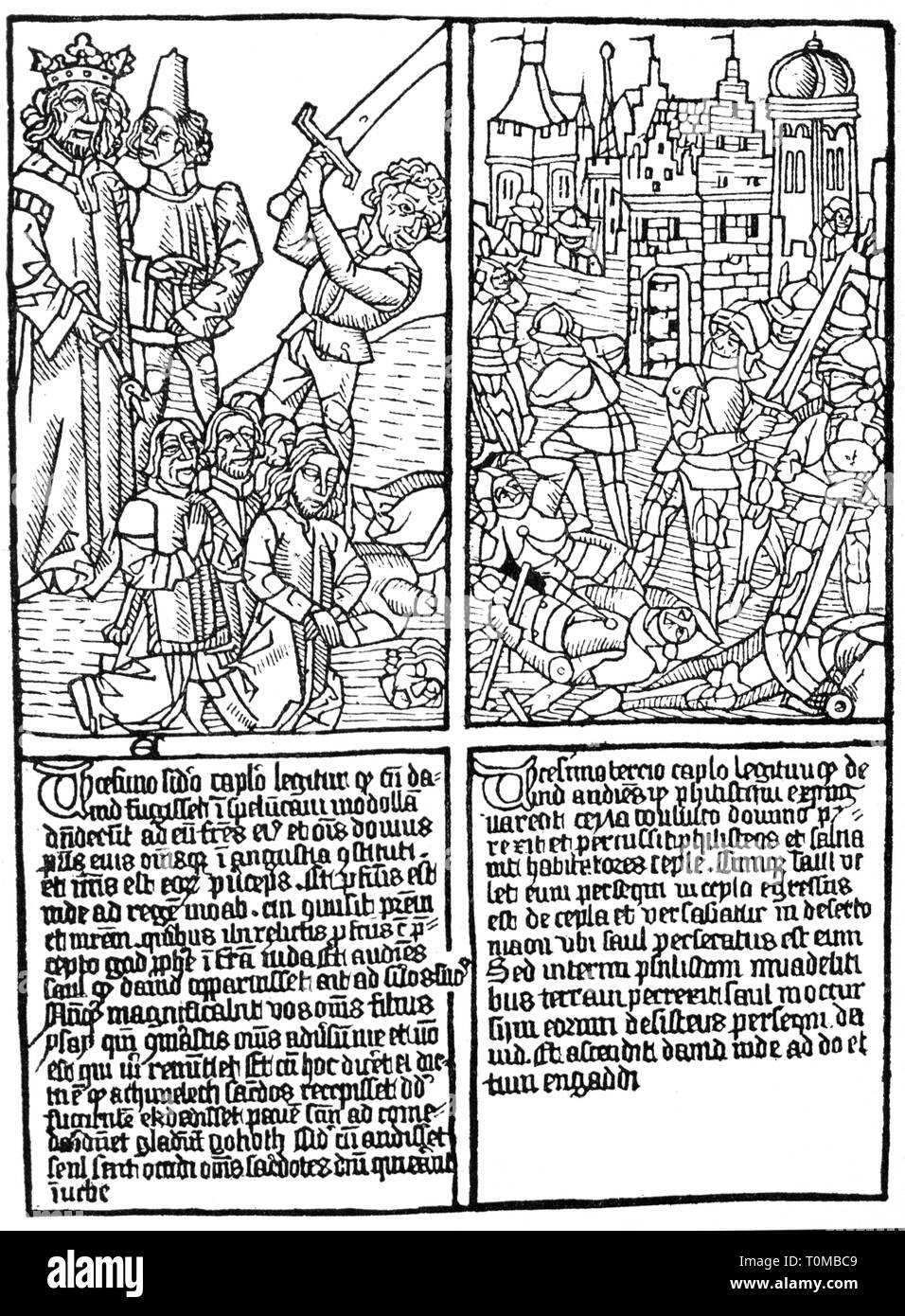 religion, Christianity, books, Old Testament, Book of Kings, page, woodcut, 15th century, Bible, biblical scene, biblical scenes, biblical story, biblical stories, execution, executions, behead, beheading, bloodbath, carnage, slaughter, massacre, massacres, war, wars, letterpress, Middle Ages, Gothic style, Gothic period, fine arts, art, graphic, graphics, script, scripts, Latin language, in Latin, people, religion, religions, book, books, last will, last will and testament, make a will, by will, king, kings, page, pages, woodcut, woodcuts, histo, Additional-Rights-Clearance-Info-Not-Available Stock Photo