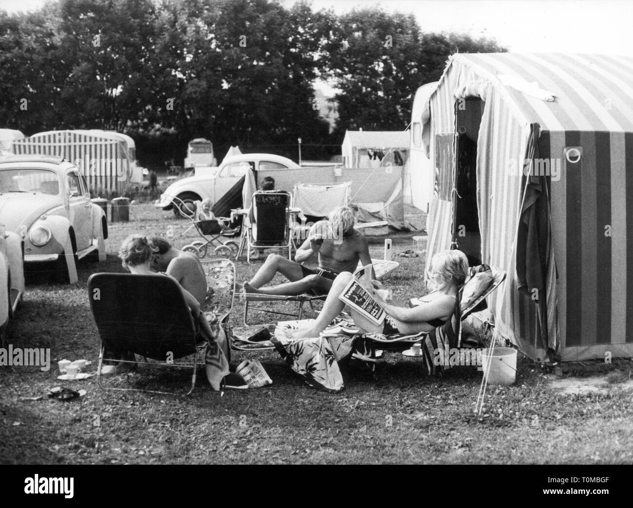tourism, holiday, camping, camping site near Grömitz, Schleswig-Holstein, vacationers sunbathing, 1969, Additional-Rights-Clearance-Info-Not-Available Stock Photo