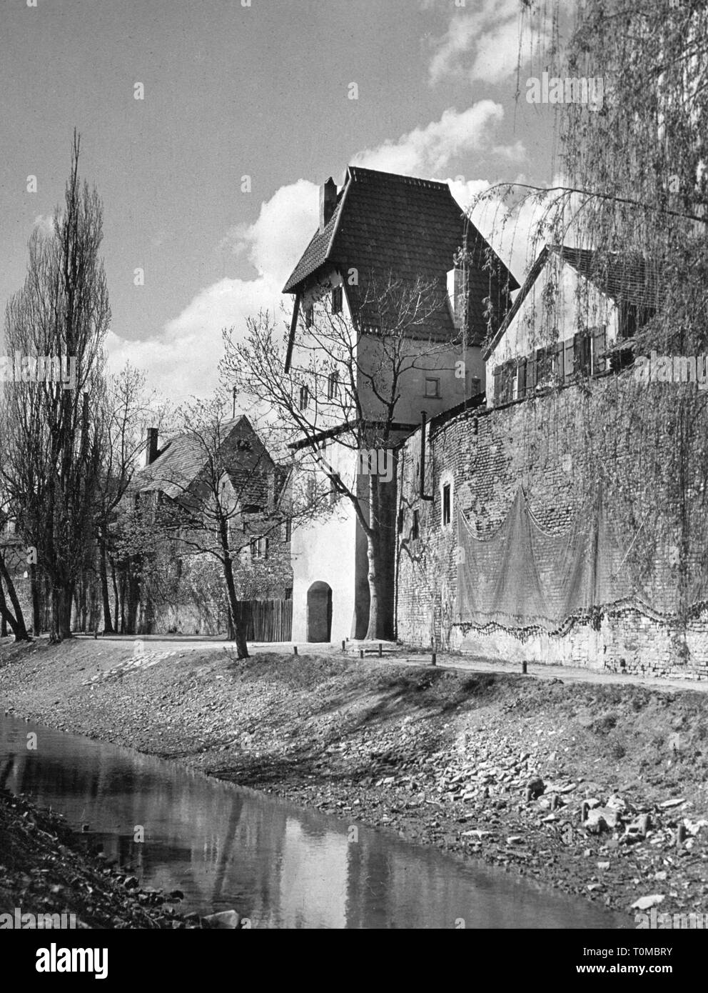 geography / travel, Germany, Donauwoerth, buildings, Faerbertoerl and part of the city wall, view, 1950s, Additional-Rights-Clearance-Info-Not-Available Stock Photo