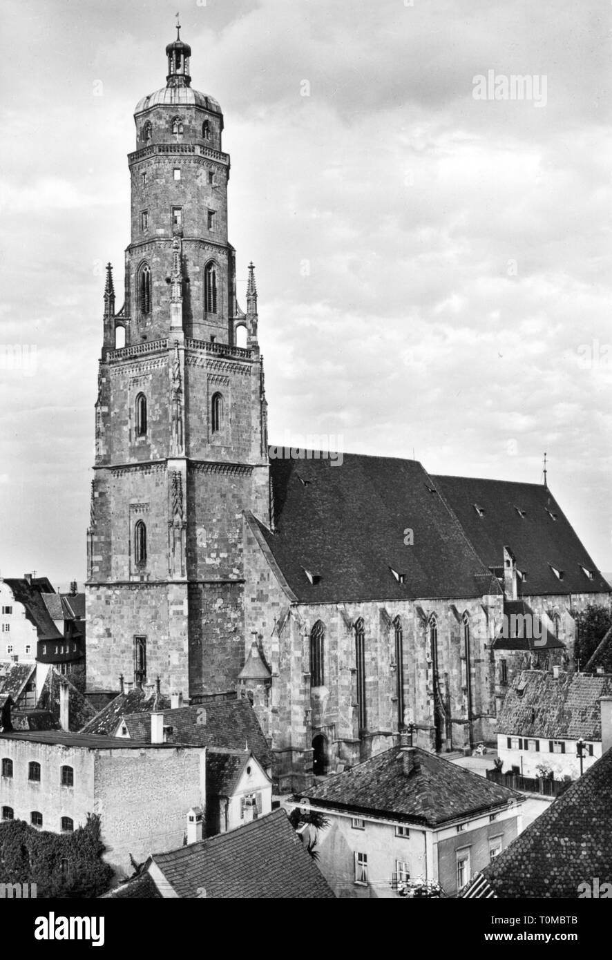 geography / travel, Germany, Noerdlingen, churches, Saint George, exterior view, picture postcard, 1950s, Additional-Rights-Clearance-Info-Not-Available Stock Photo