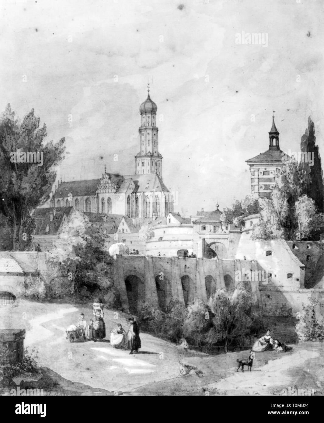 geography / travel, Germany, Augsburg, view with Rotes Tor and church Saint Ulrich and Afra, lithograph by Eduard Gerhardt, mid 19th century, city, Ulrich Church, bridge, bridges, city wall, city walls, wall, walls, city gate, city gates, tower, towers, steeple bastille, Swabia, Kingdom of Bavaria, Central Europe, people, view, views, church, churches, historic, historical, Additional-Rights-Clearance-Info-Not-Available Stock Photo