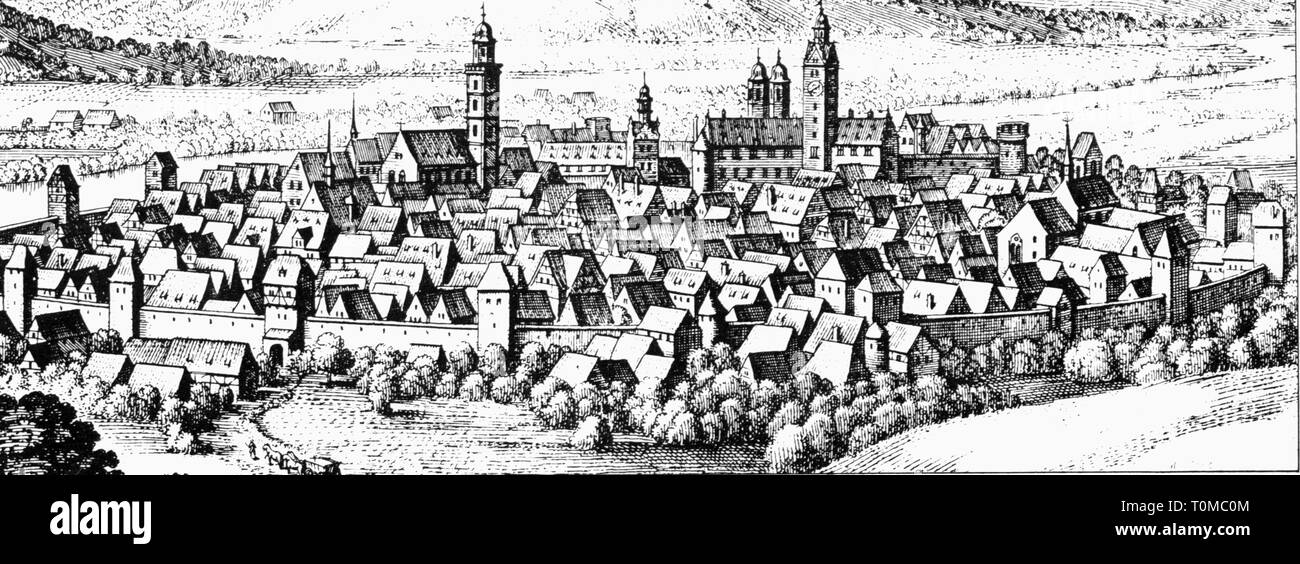 geography / travel, Germany, Bad Mergentheim, view from West, copper engraving by Matthaeus Merian, 'Topographia Franconiae', detail, 1648, Artist's Copyright has not to be cleared Stock Photo