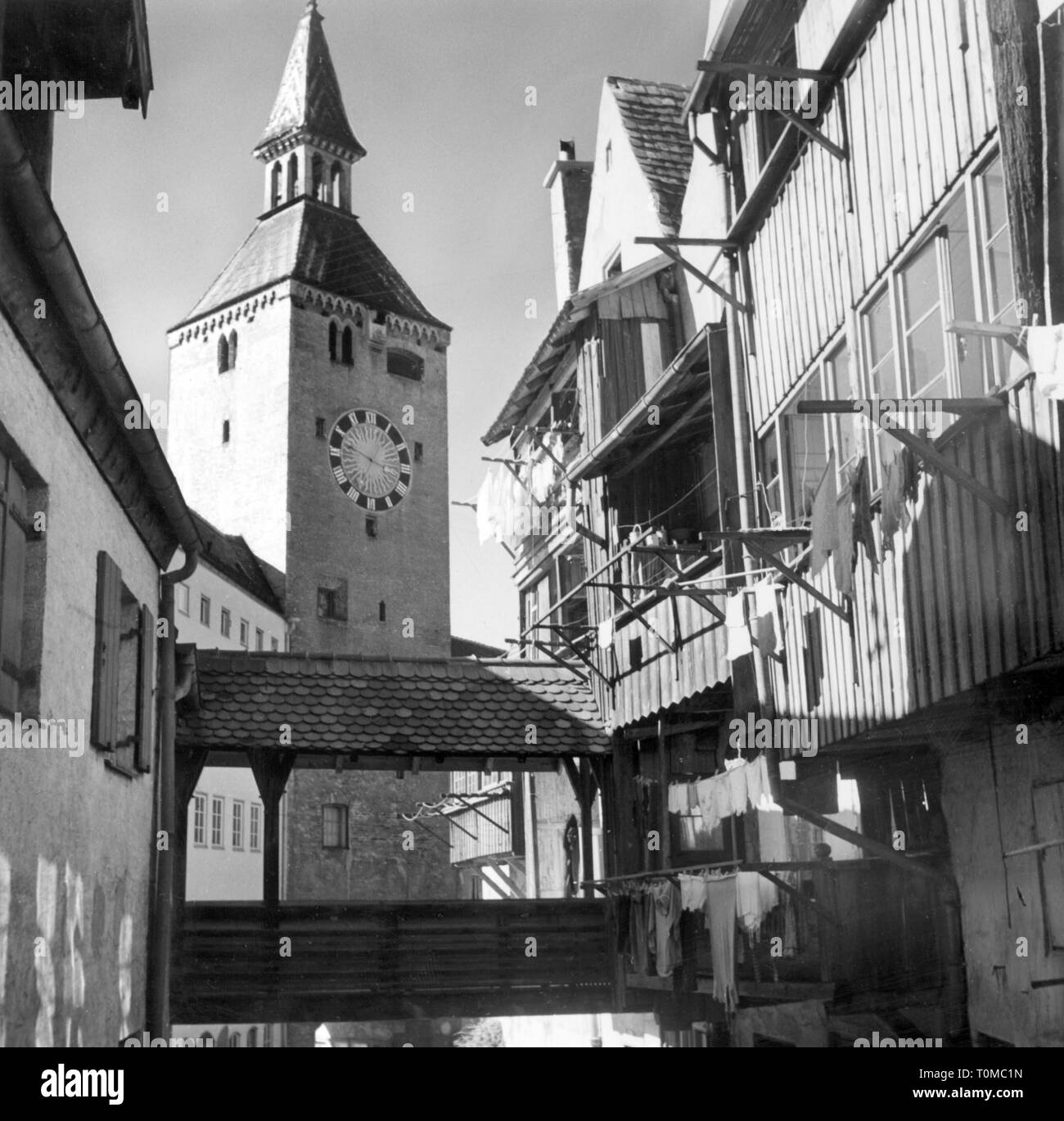 geography / travel, Germany, Landsberg am Lech, building, Schmalzturm, view from the Alte Bergstrasse, 1954, Additional-Rights-Clearance-Info-Not-Available Stock Photo