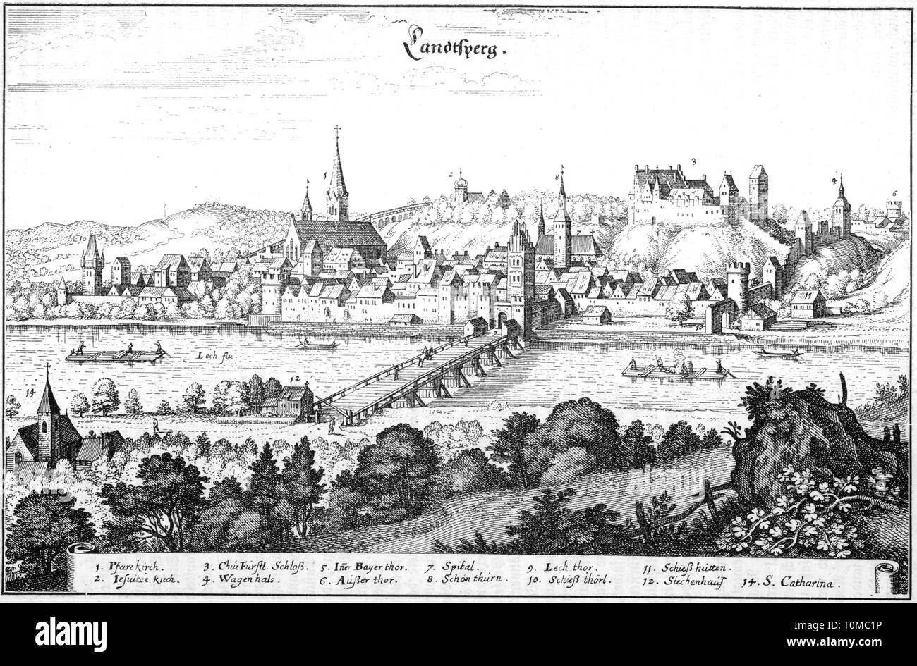 geography / travel, Germany, Landsberg am Lech, view across the river Lech, after copper engraving by Matthaeus Merian, 'Topographie Bavariae', 1644, Artist's Copyright has not to be cleared Stock Photo