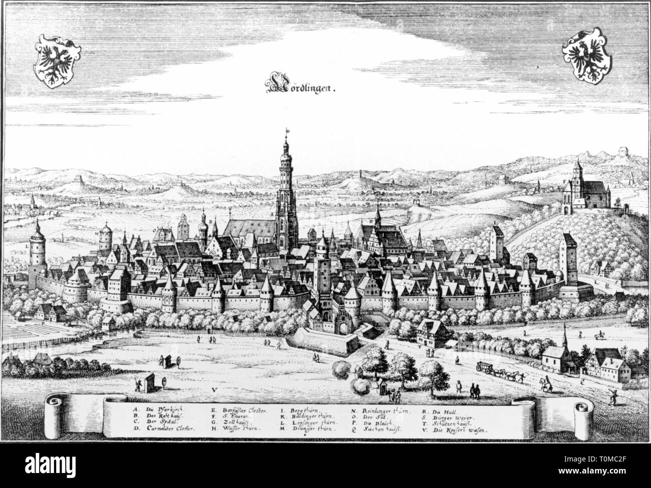 geography / travel, Germany, Noerdlingen, view, copper engraving by Matthaeus Merian, 'Topographia Sueviae', 1643, Artist's Copyright has not to be cleared Stock Photo