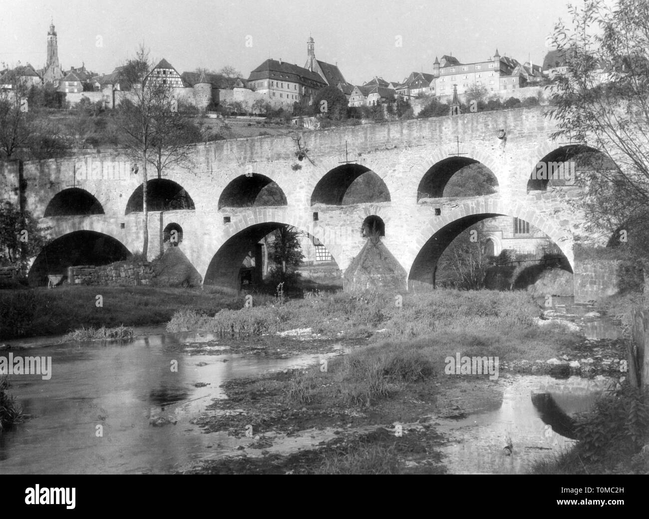 geography / travel, Germany, Rothenburg ob der Tauber, bridges, double bridge, view, 1950, Additional-Rights-Clearance-Info-Not-Available Stock Photo