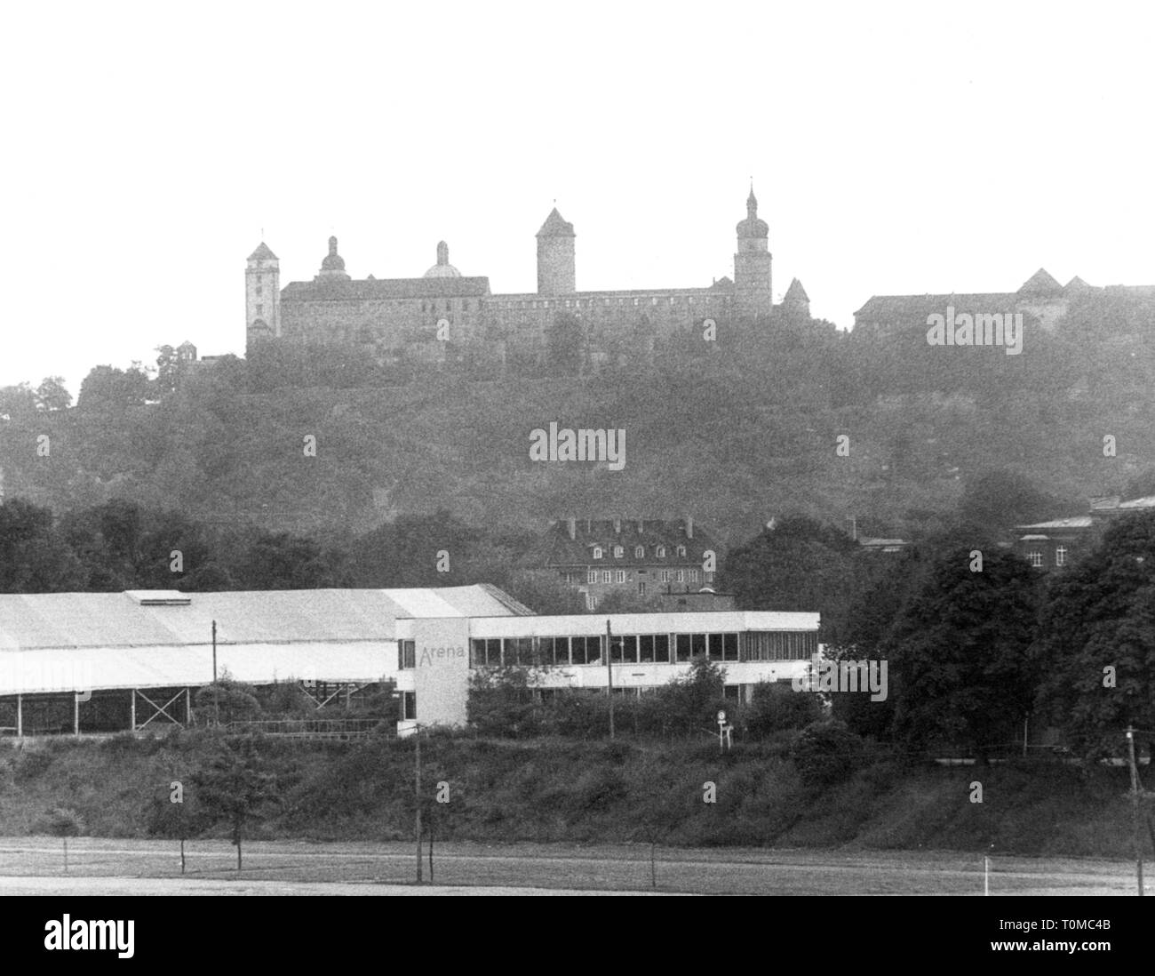 geography / travel, Germany, Wuerzburg, economy, Arena publishing house, exterior view, fortress Marienberg above, 1973, Additional-Rights-Clearance-Info-Not-Available Stock Photo
