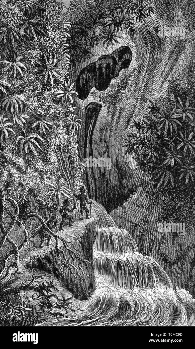 geography / travel, Venezuela, landscape, entrance to the Guacharo cave, Monagas, wood engraving, 2nd half 19th century, Cueva del Guácharo, mounts, mount, mountains, mountain, pristine forest, water, river, rivers, South America, people, landscape, landscapes, entrance, entranceway, cave, caves, historic, historical, Artist's Copyright has not to be cleared Stock Photo