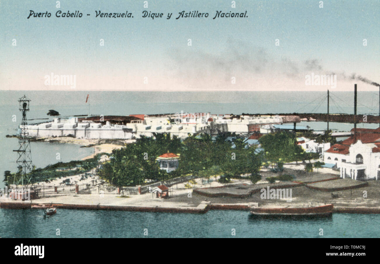 geography / travel, Venezuela, Puerto Cabello, harbour with dockyard, view, coloured picture postcard, Antonio Hilders, 1st half 20th century, Carabobo, city, industry, industries, coast, shore, coasts, shores, sea, seas, Caribbean, the Caribbean Sea, Atlantic Ocean, Atlantic, South America, no-people, harbour, harbor, harbours, harbors, port, ports, dockyard, dockyards, view, views, coloured, colored, picture postcard, picture postcards, historic, historical, Additional-Rights-Clearance-Info-Not-Available Stock Photo