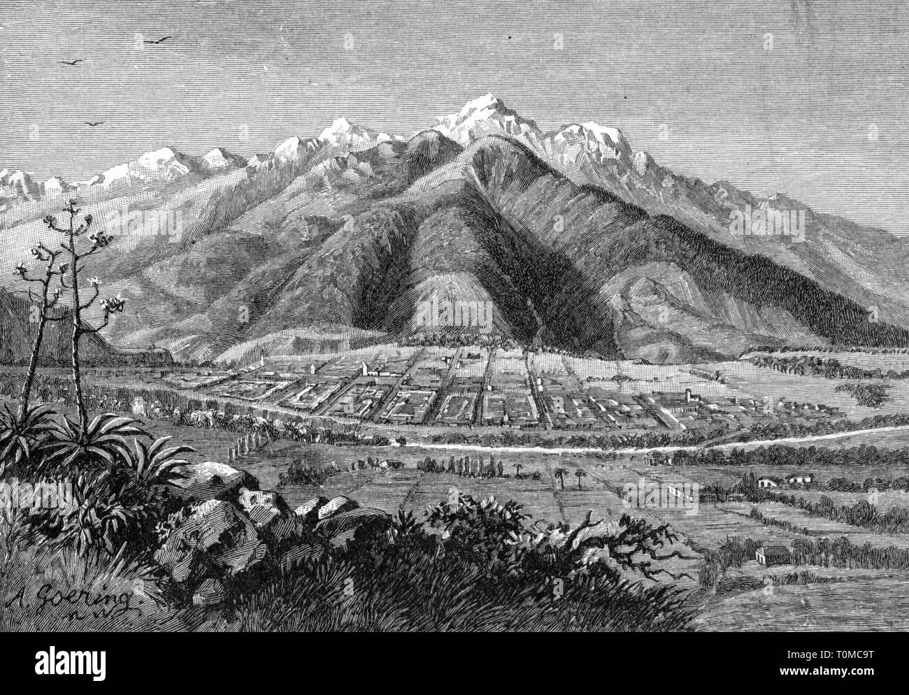 geography / travel, Venezuela, mountains, Sierra Madre of Merida, wood engraving, 2nd half 19th century, Mérida, mounts, mount, Andes, Andes mountains, Andean highlands, uplands, highland, upland, valley, vale, valleys, vales, city, settlement, municipality, landscape, landscapes, South America, no-people, mountains, mountain, historic, historical, Artist's Copyright has not to be cleared Stock Photo