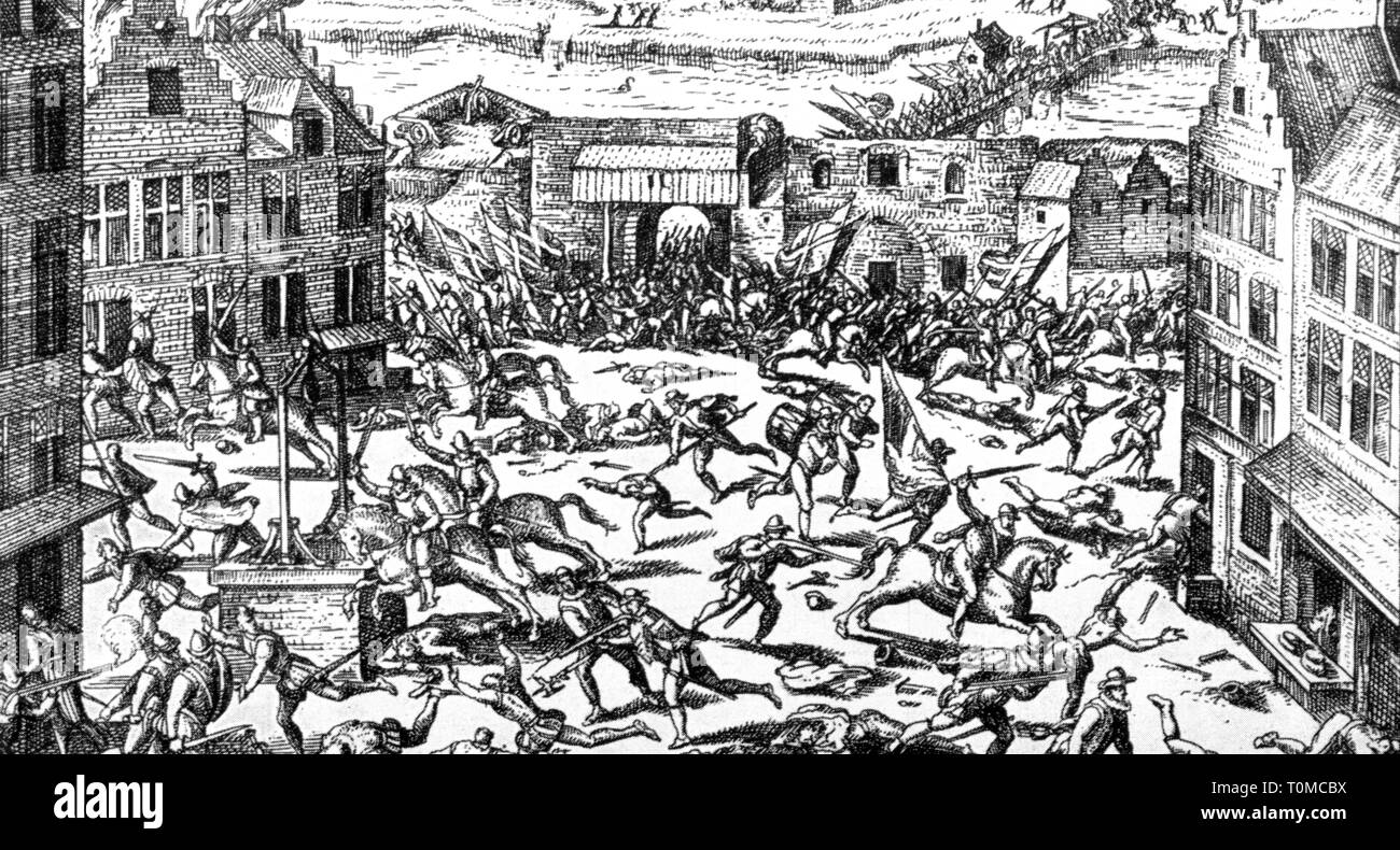Eighty Years' War 1568 - 1648, looting of Antwerp by French troops, 17.1.1583, contemporary copper engraving, detail, French, France, wartime atrocity, horror, soldiers, soldier, mercenaries, mercenary, pillage, pillaging, pillages, loot, murder, murdering, Belgium, Spanish Netherlands, Duchy of Brabant, Flanders, Holy Roman Empire, HRE, Burgundian Imperial Circle, 16th century, crowd, crowds, crowds of people, war, wars, looting, lootings, Antwerp, Antwerpen, detail, details, historic, historical, Artist's Copyright has not to be cleared Stock Photo