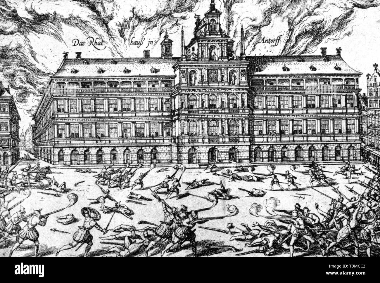 Eighty Years' War 1568 - 1648, looting by Antwerp by Spanish troops, 4.11. - 7.11.1576, contemporary etching by Franz Hogenberg, detail, Spaniard, Spain, Spanish fury, city hall, town hall, townhall, town halls, townhalls, city halls, fires, on fire, burning, burn, wartime atrocity, horror, soldiers, soldier, mercenaries, mercenary, pillage, pillaging, pillages, loot, murder, murdering, Belgium, Spanish Netherlands, Duchy of Brabant, Flanders, Holy Roman Empire, HRE, Burgundian Imperial Circle, 16th century, crowd, crowds, crowds of people, war, , Additional-Rights-Clearance-Info-Not-Available Stock Photo