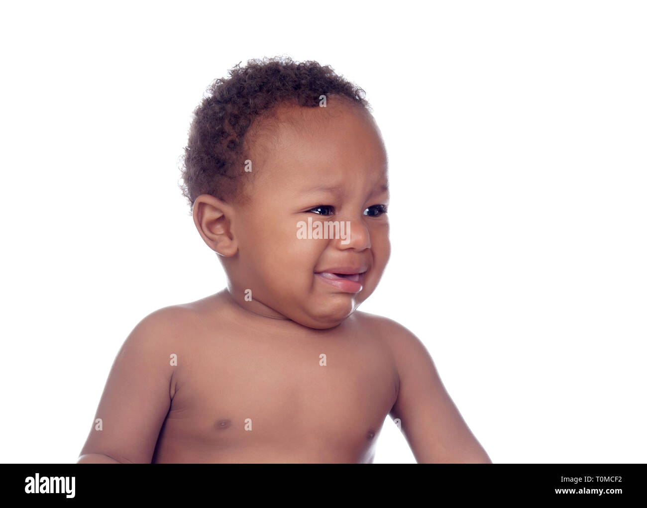 Beautiful Afro-American baby crying isolated on a white background Stock Photo