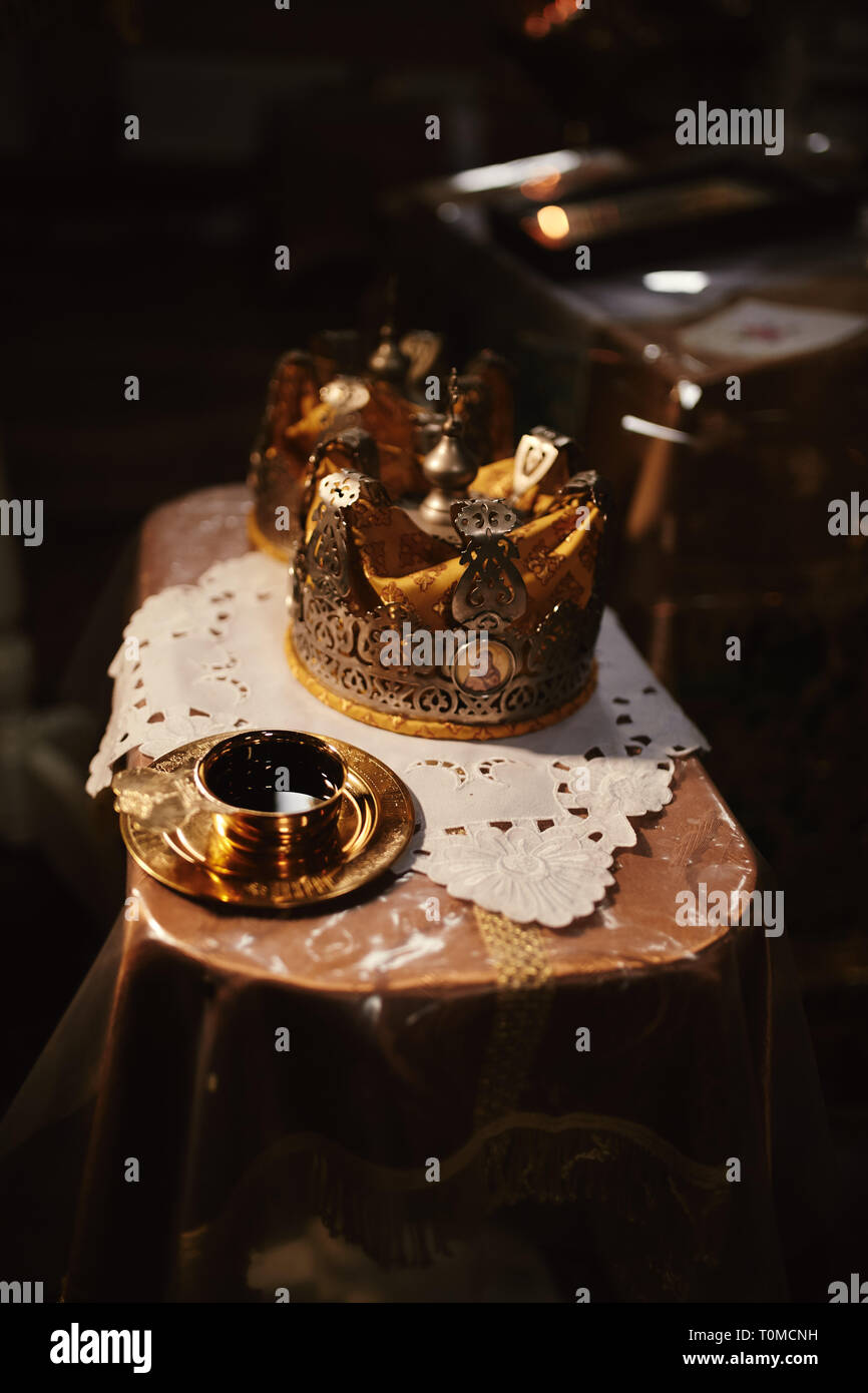 Wedding crowns. Wedding crown in church ready for marriage ceremony ...