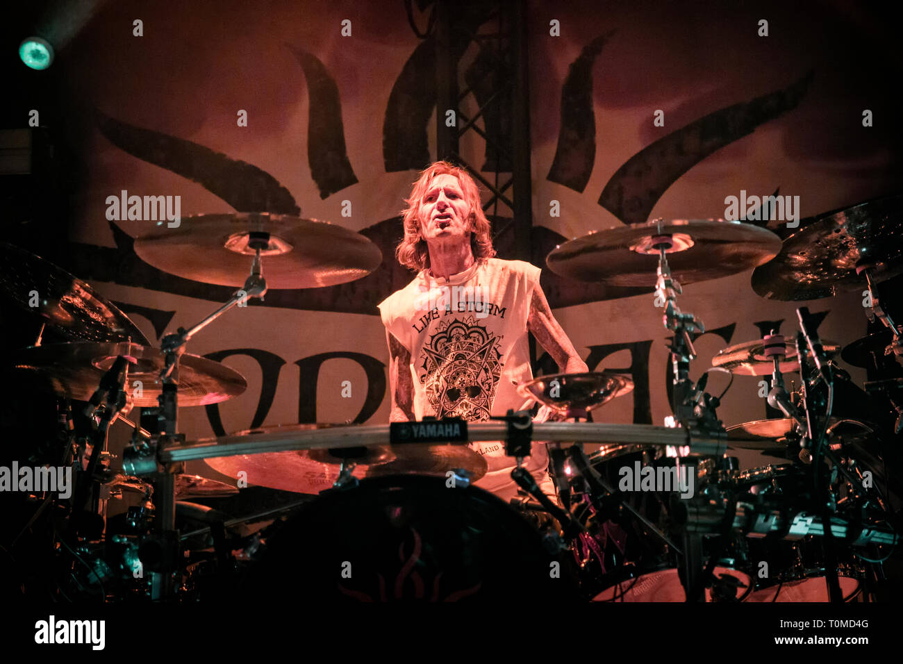 Norway, Oslo - March 17, 2019. The American rock band Godsmack performs a live concert at Oslo Spektrum in Oslo. Here drummer Shannon Larkin is seen live on stage. (Photo credit: Gonzales Photo - Terje Dokken). Stock Photo
