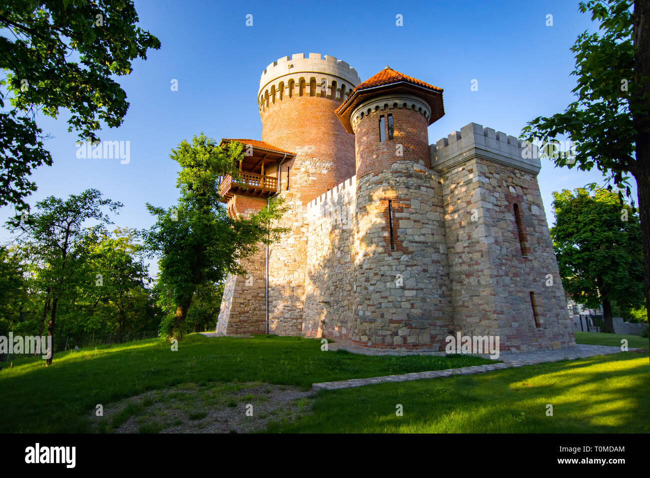 Atmospheric architecture of Vlad Tepes castle in Bucarest's Carol park. A place filled with a lot of medieval history and myth Stock Photo