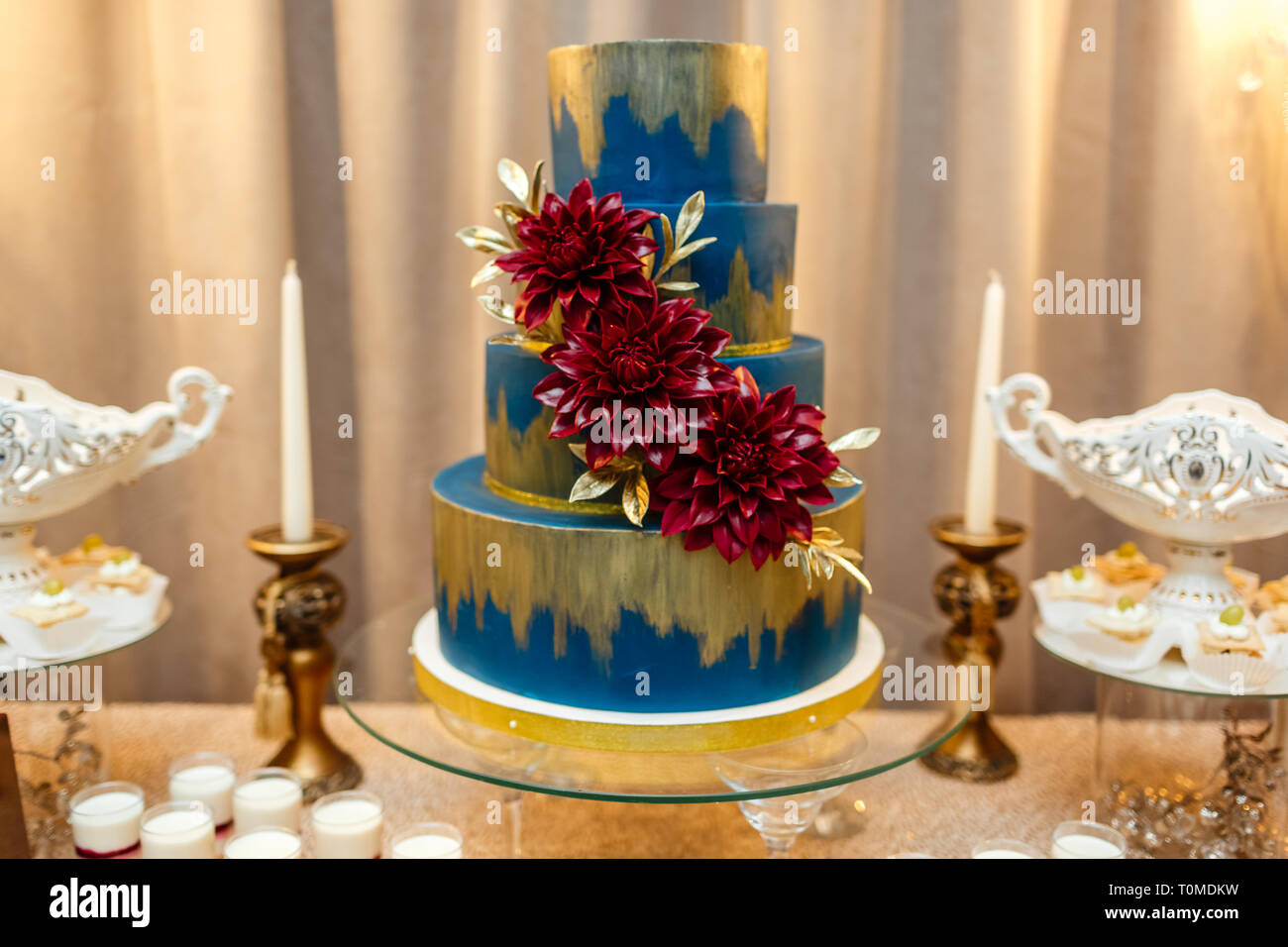 Candy Bar Blue Wedding Cake Decorated By Flowers Standing Of