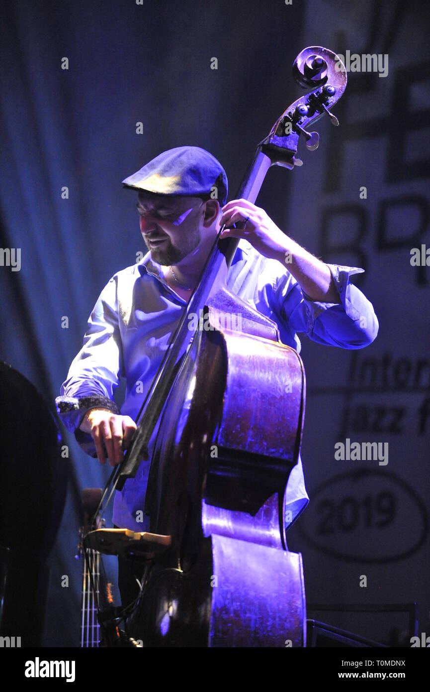 Bassist Tomas Baros performs with Ondrej Stveracek's jazz quartet during his Space Project within Jazzfest Brno, Czech Republic, on March 20, 2019. (C Stock Photo
