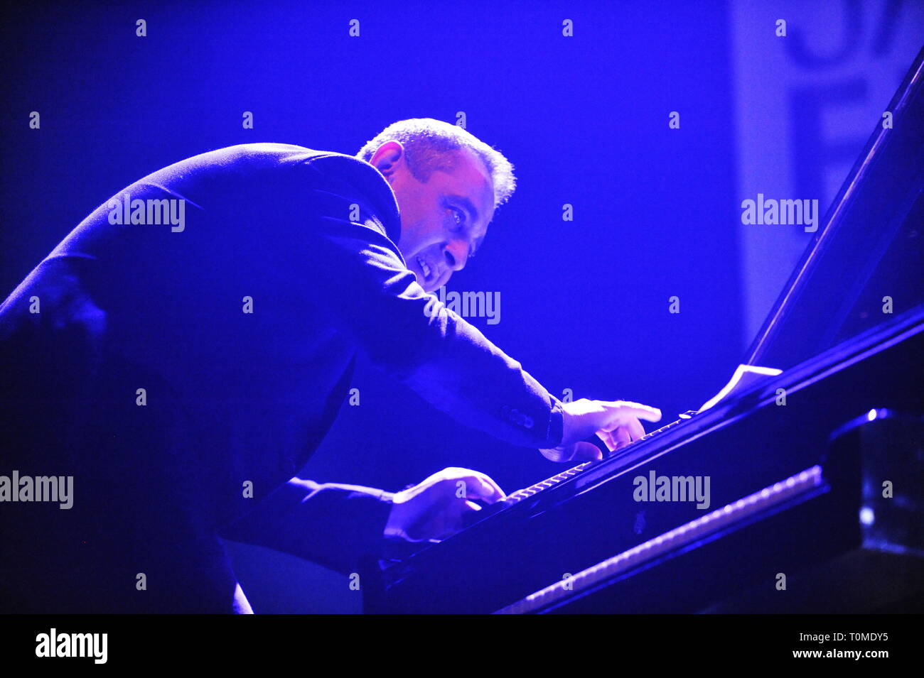 Pianist Klaudius Kovac performs with Ondrej Stveracek's jazz quartet during his Space Project within Jazzfest Brno, Czech Republic, on March 20, 2019. Stock Photo