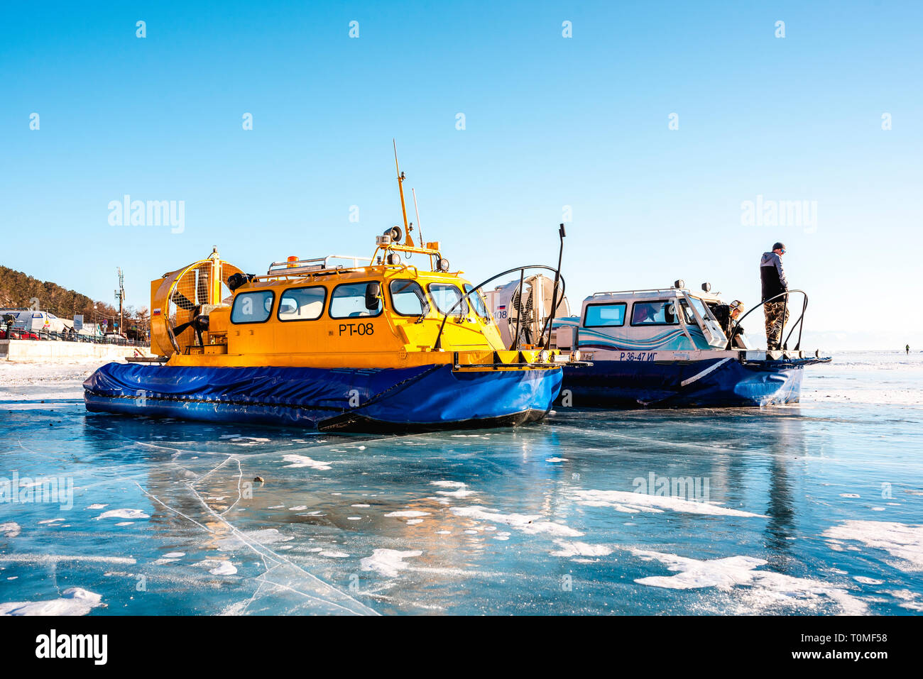 Air cushion boats on the frozen Lake Baikal, Siberia, Russia Stock Photo