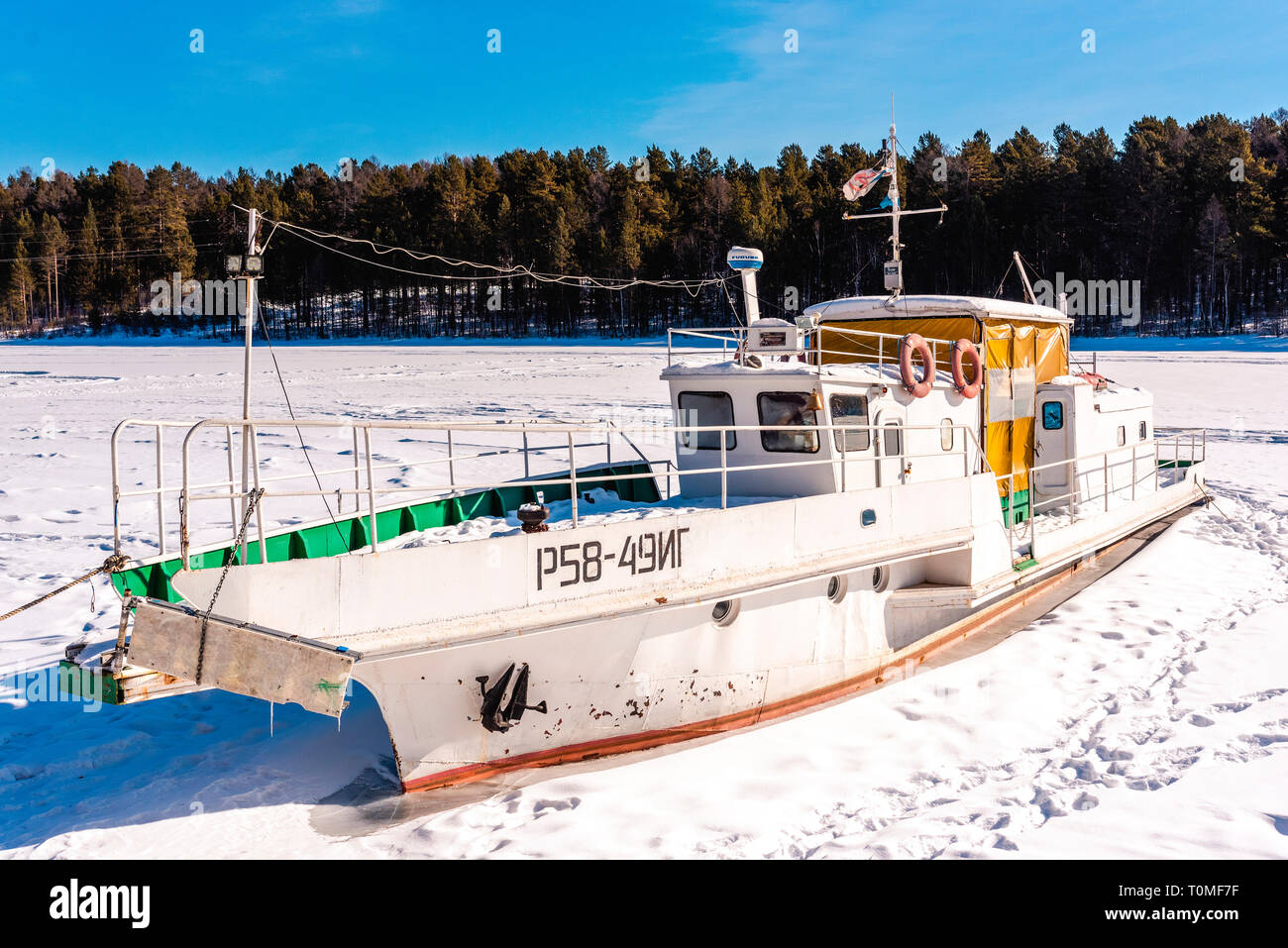 Frozen ship at Lake Baikal, Siberia, Russia Stock Photo