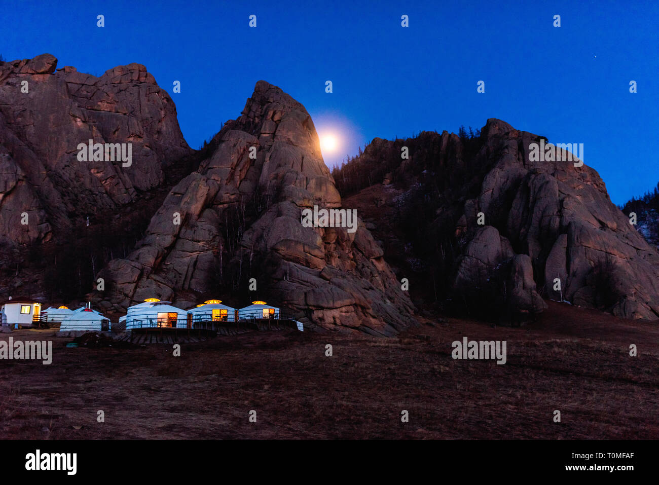 Yurts by night in Mongolian Switzerland, Mongolia Stock Photo