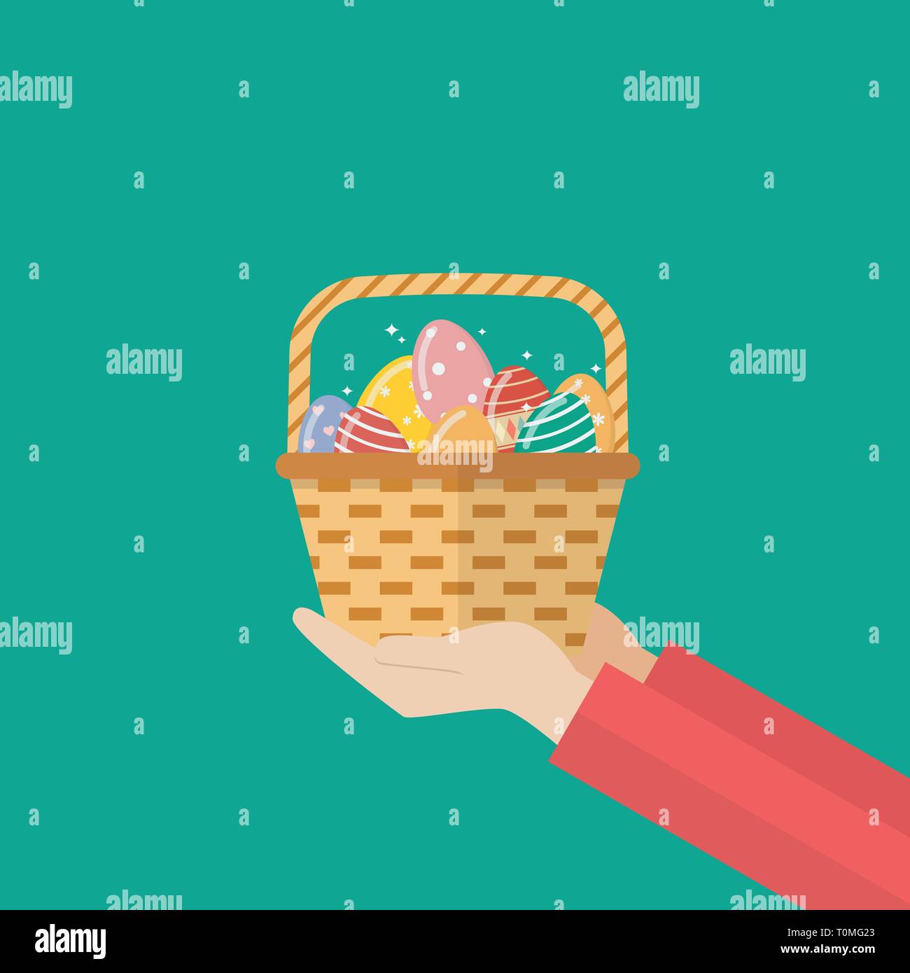 Hand holding basket with easter eggs. Easter holiday Vector illustration Stock Vector