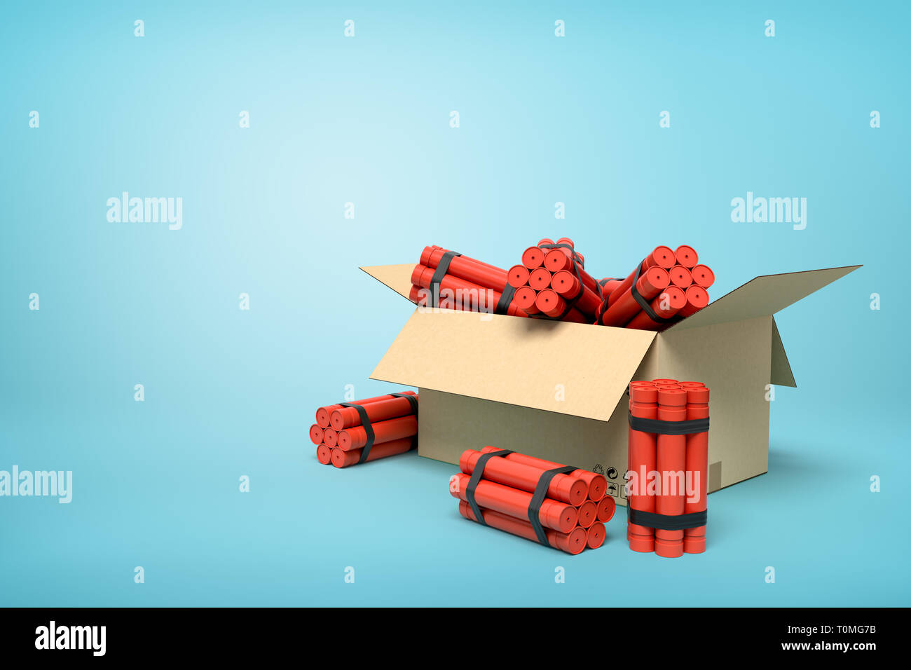 3d rendering of tnt dynamite sticks in carton box on blue background Stock Photo